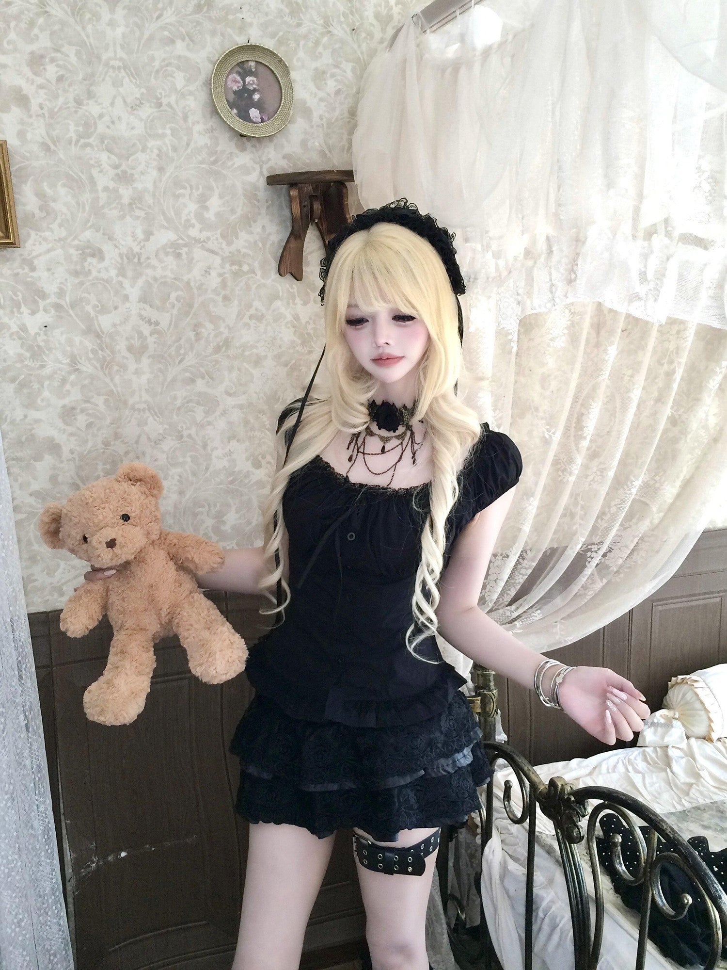 Sub Era Black Lace Square Neck Short Puff Sleeve Women's Polyester Off-shoulder Blouses