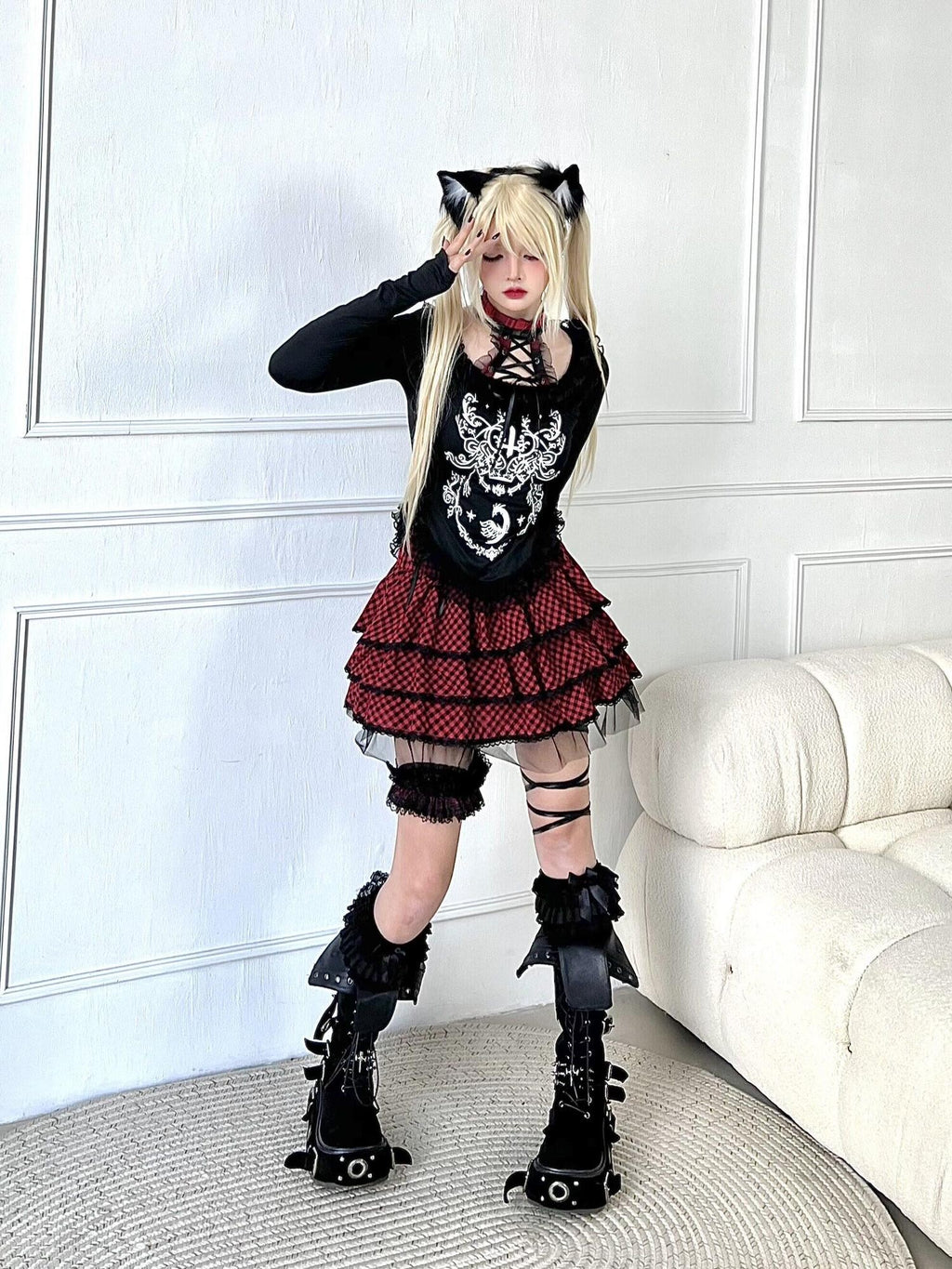 Sub Era Black Red Cat Print Tie Neck Elastic Lace Women's Polyester Slim T-shirts