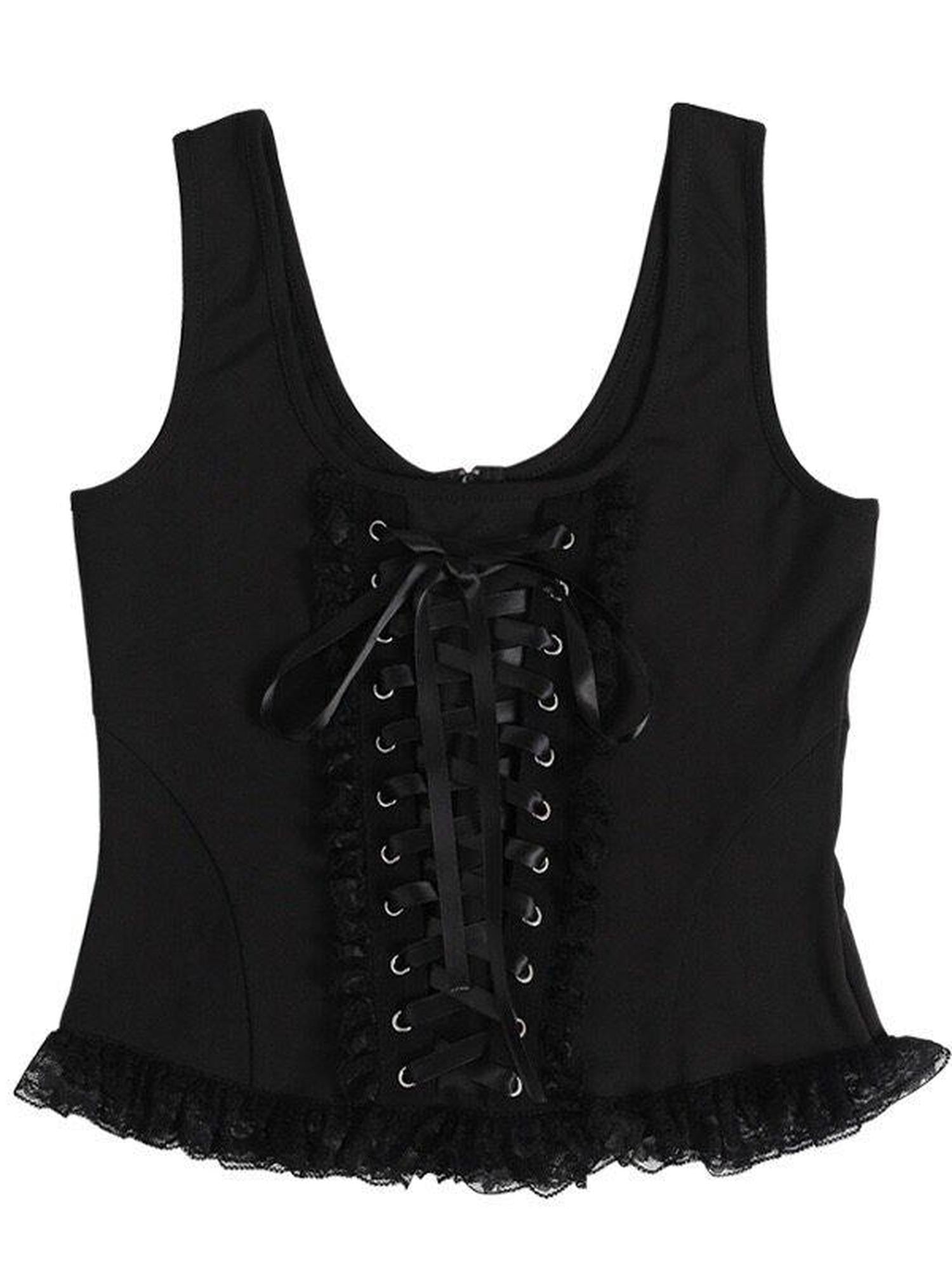 Sub Era Black Square Neck Slim Tie Back Women's Lace Knit Trim Camisoles