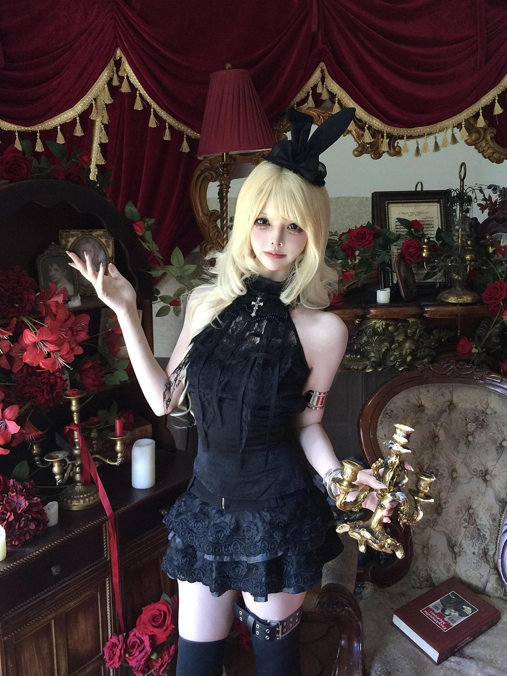 Sub Era Black Vintage Dark Halter Cutout Women's Lace Retro Short Matching Skirt Sets
