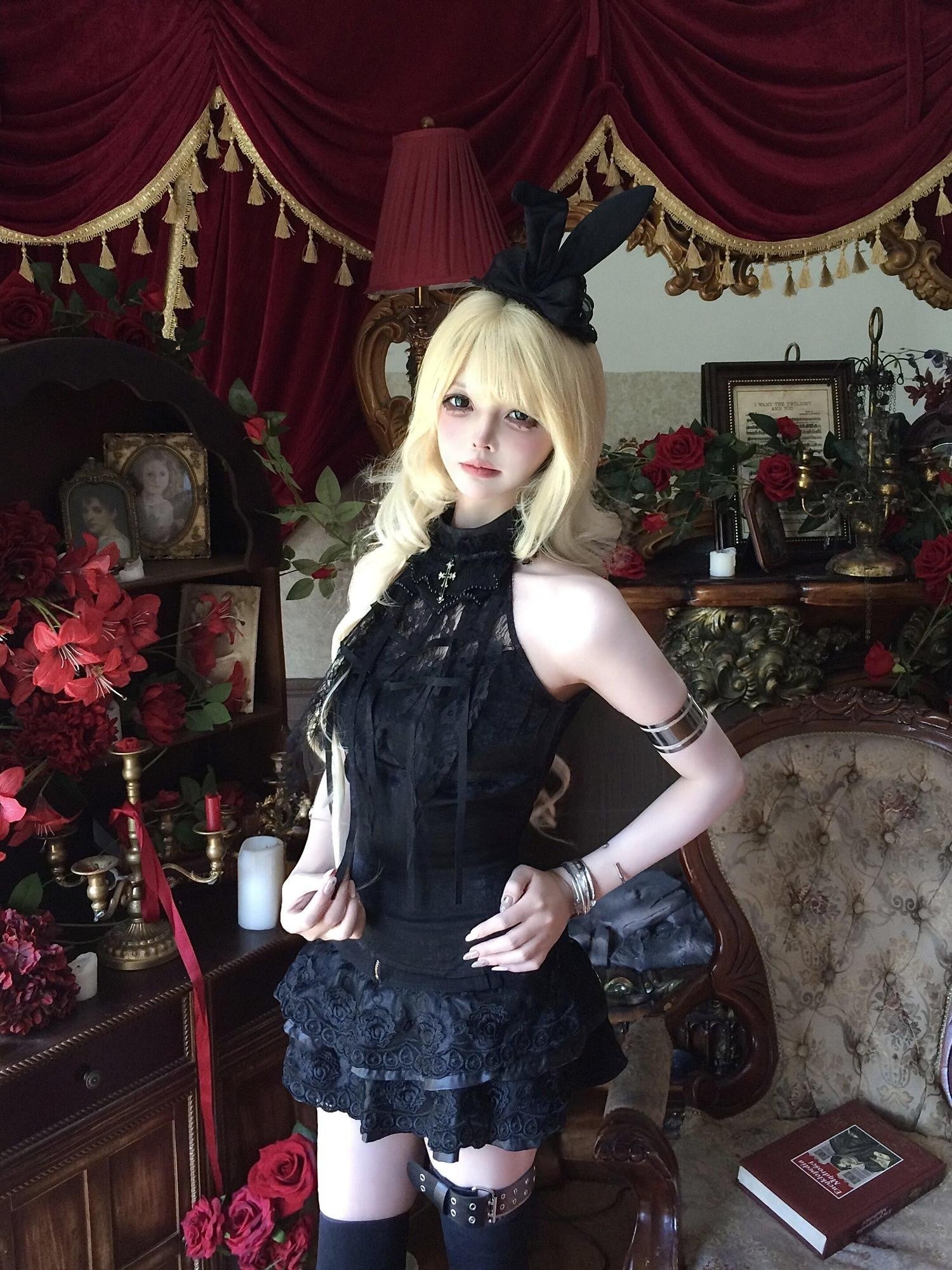 Sub Era Black Vintage Dark Halter Cutout Women's Lace Retro Short Matching Skirt Sets