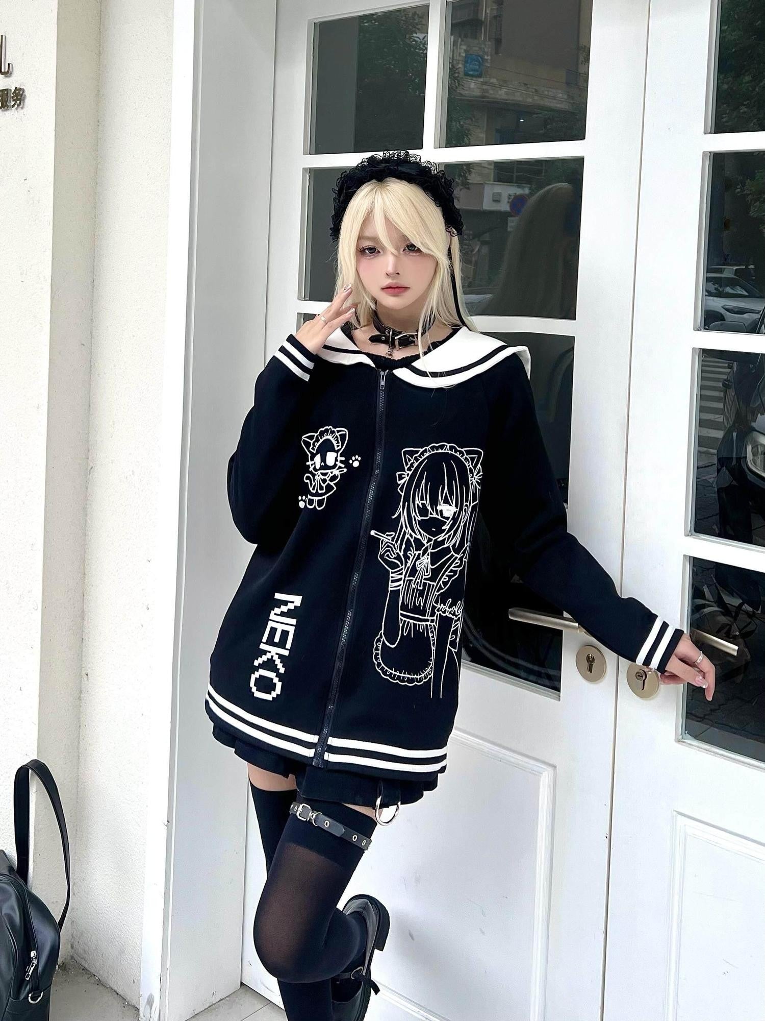 Sub Era Black White Anime Print Sailor Collar Women's Cotton Blend Hoodies & Sweatshirts