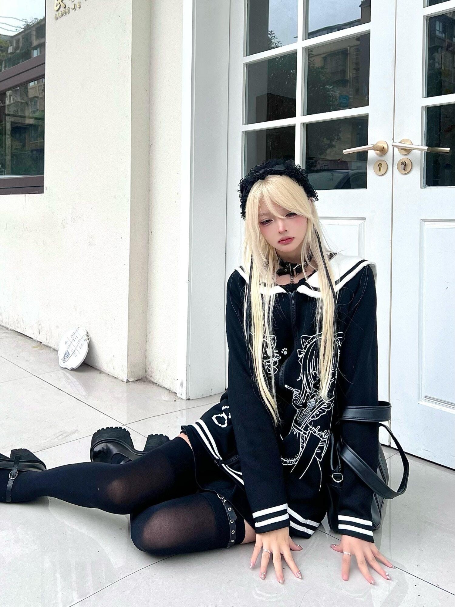 Sub Era Black White Anime Print Sailor Collar Women's Cotton Blend Hoodies & Sweatshirts