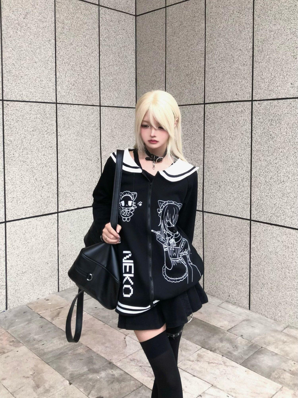 Sub Era Black White Anime Print Sailor Collar Women's Cotton Blend Hoodies & Sweatshirts