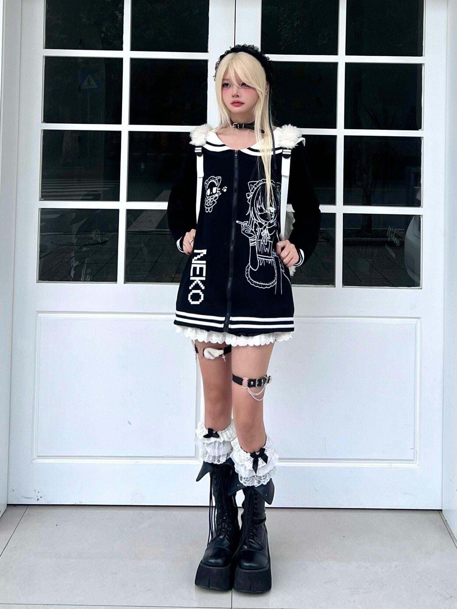 Sub Era Black White Anime Print Sailor Collar Women's Cotton Blend Hoodies & Sweatshirts