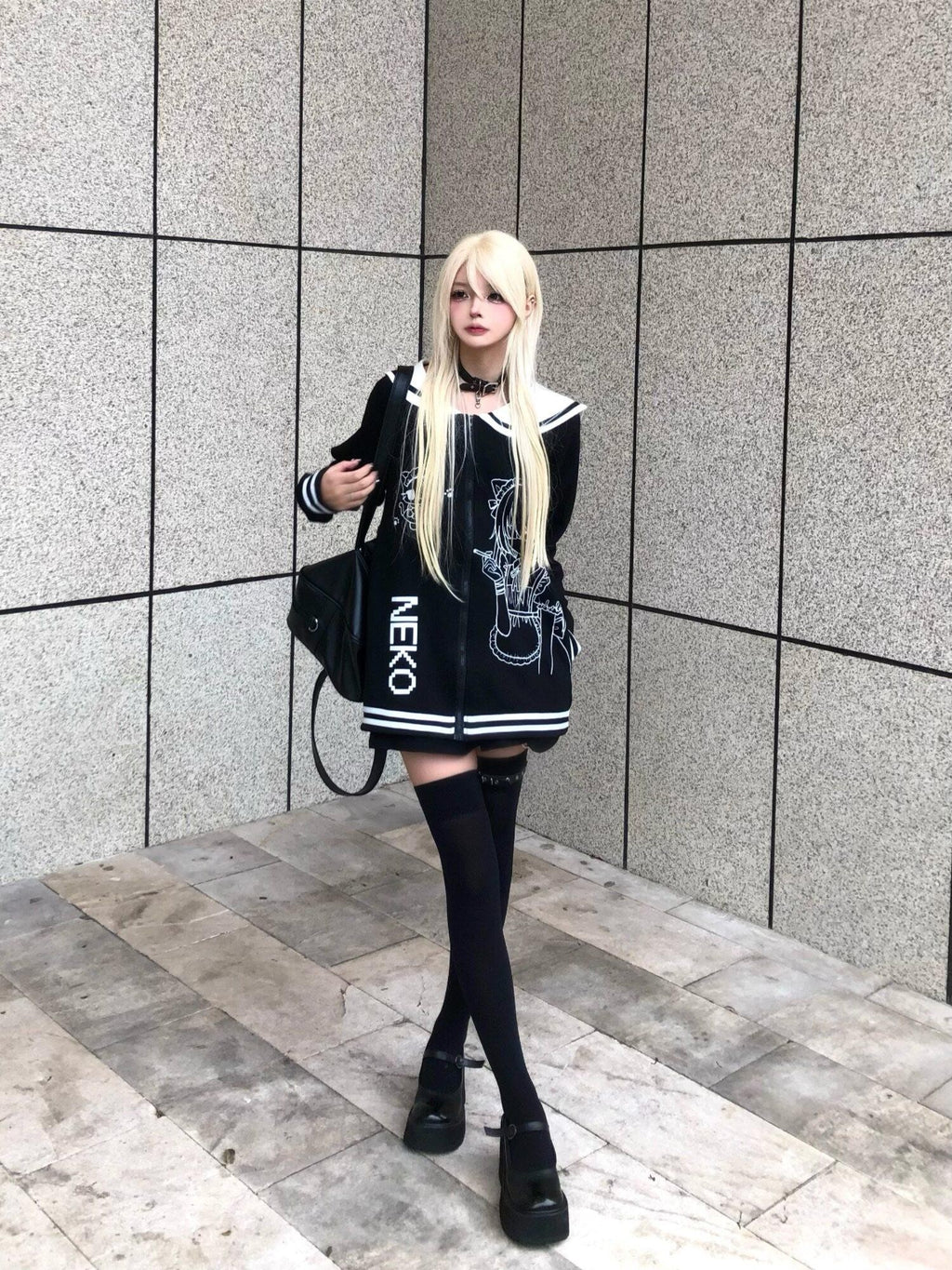 Sub Era Black White Anime Print Sailor Collar Women's Cotton Blend Hoodies & Sweatshirts