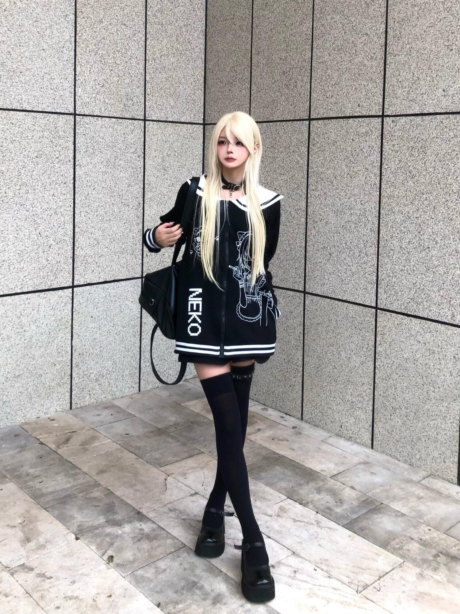 Sub Era Black White Anime Print Sailor Collar Women's Cotton Blend Hoodies & Sweatshirts