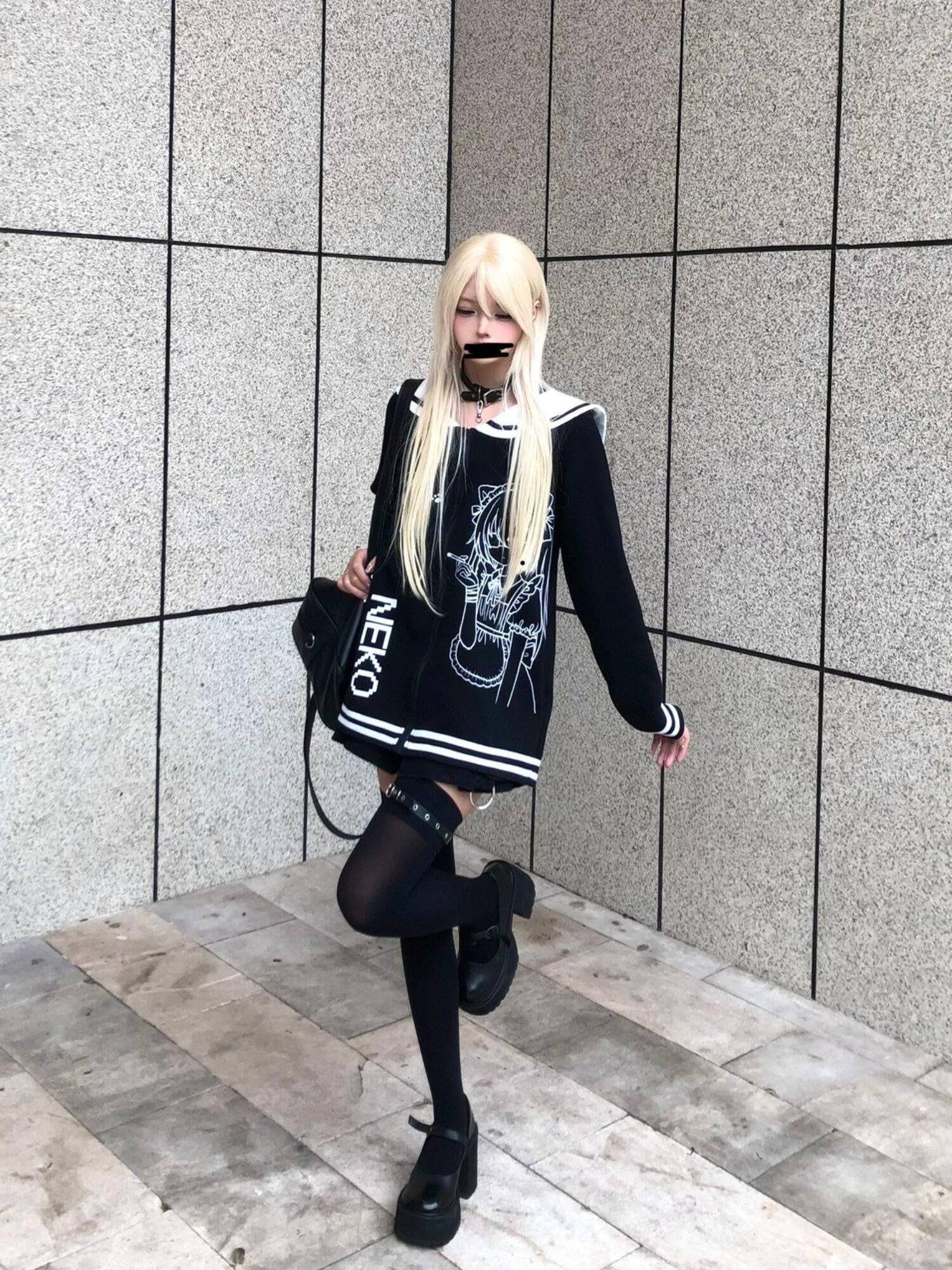 Sub Era Black White Anime Print Sailor Collar Women's Cotton Blend Hoodies & Sweatshirts