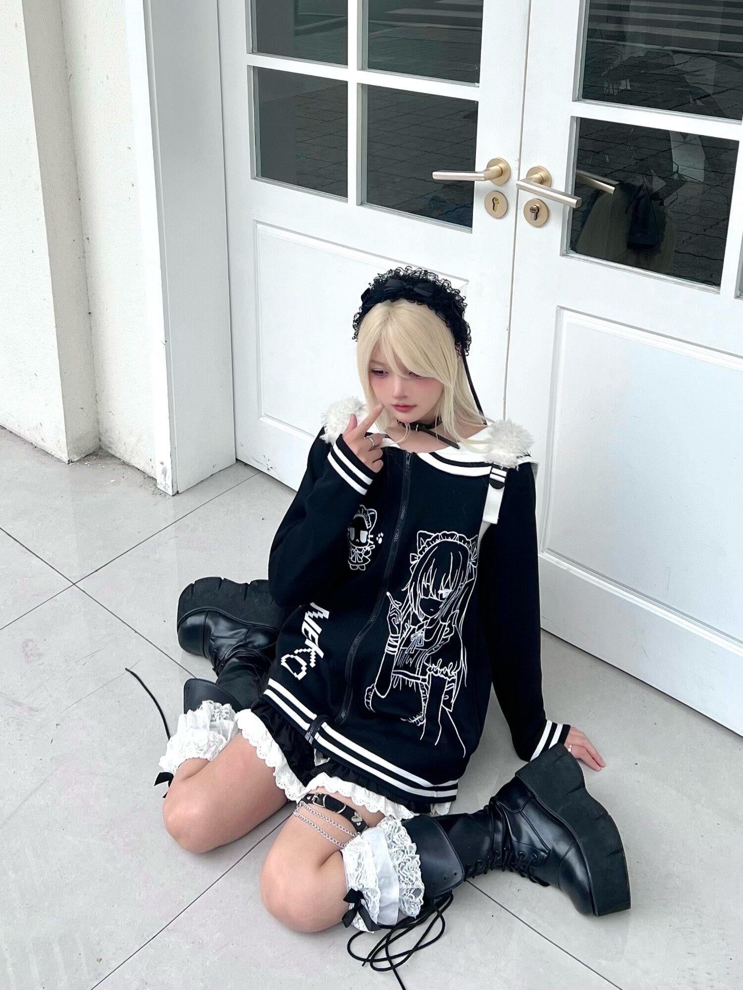 Sub Era Black White Anime Print Sailor Collar Women's Cotton Blend Hoodies & Sweatshirts