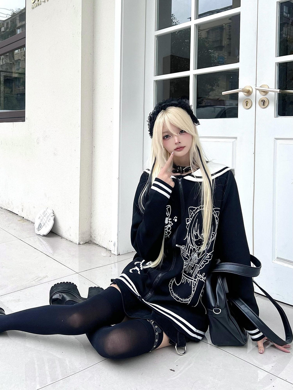 Sub Era Black White Anime Print Sailor Collar Women's Cotton Blend Hoodies & Sweatshirts