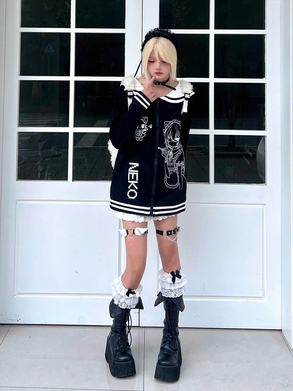 Sub Era Black White Anime Print Sailor Collar Women's Cotton Blend Hoodies & Sweatshirts