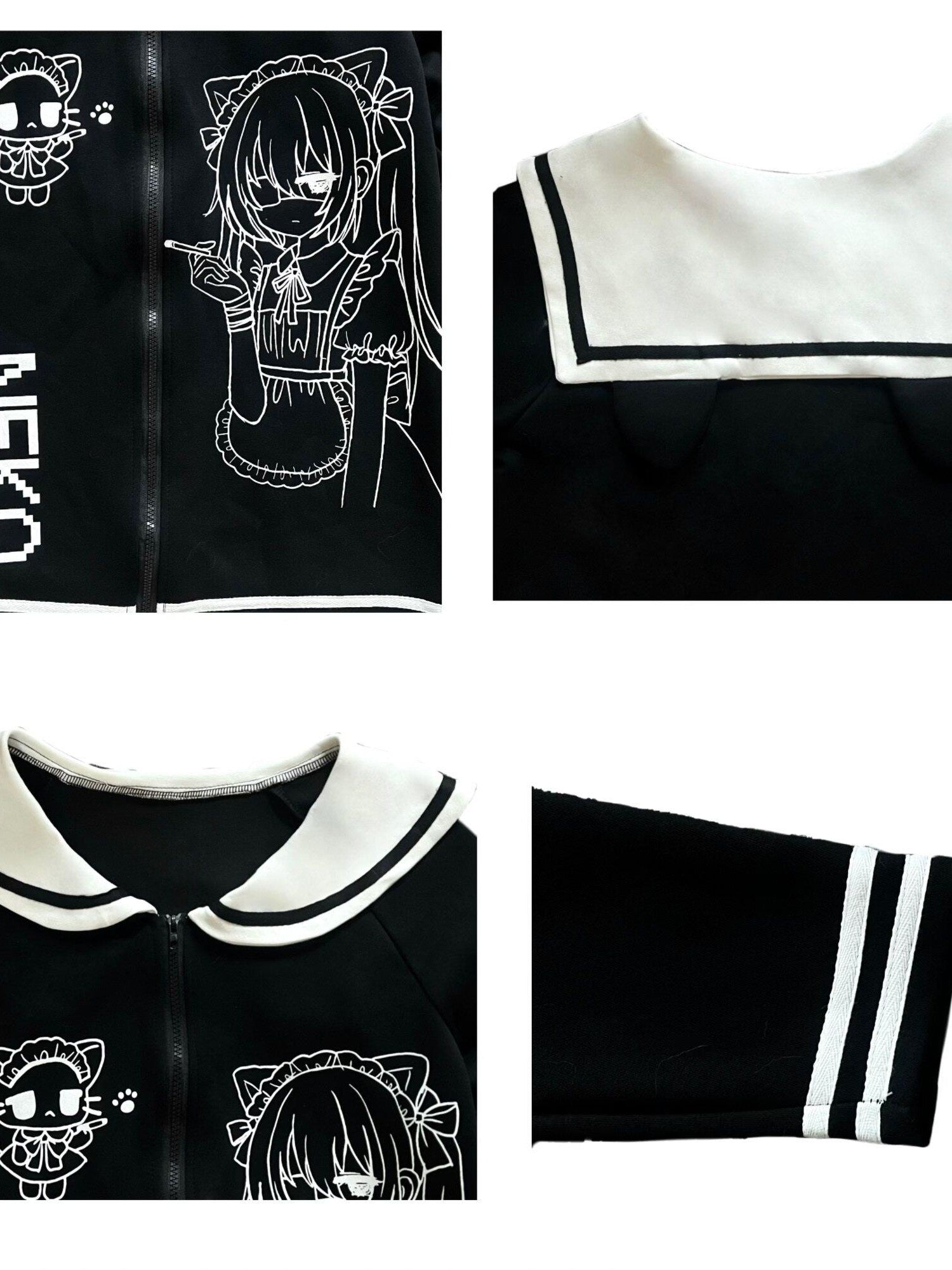Sub Era Black White Anime Print Sailor Collar Women's Cotton Blend Hoodies & Sweatshirts