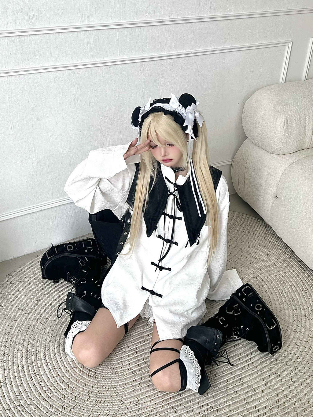 Sub_Era_Black_White_Subtle_Print_Stand_Collar_Pankou_Buttons_Waist_Tie_Women's_Overshirts_772658616383_MISSTT