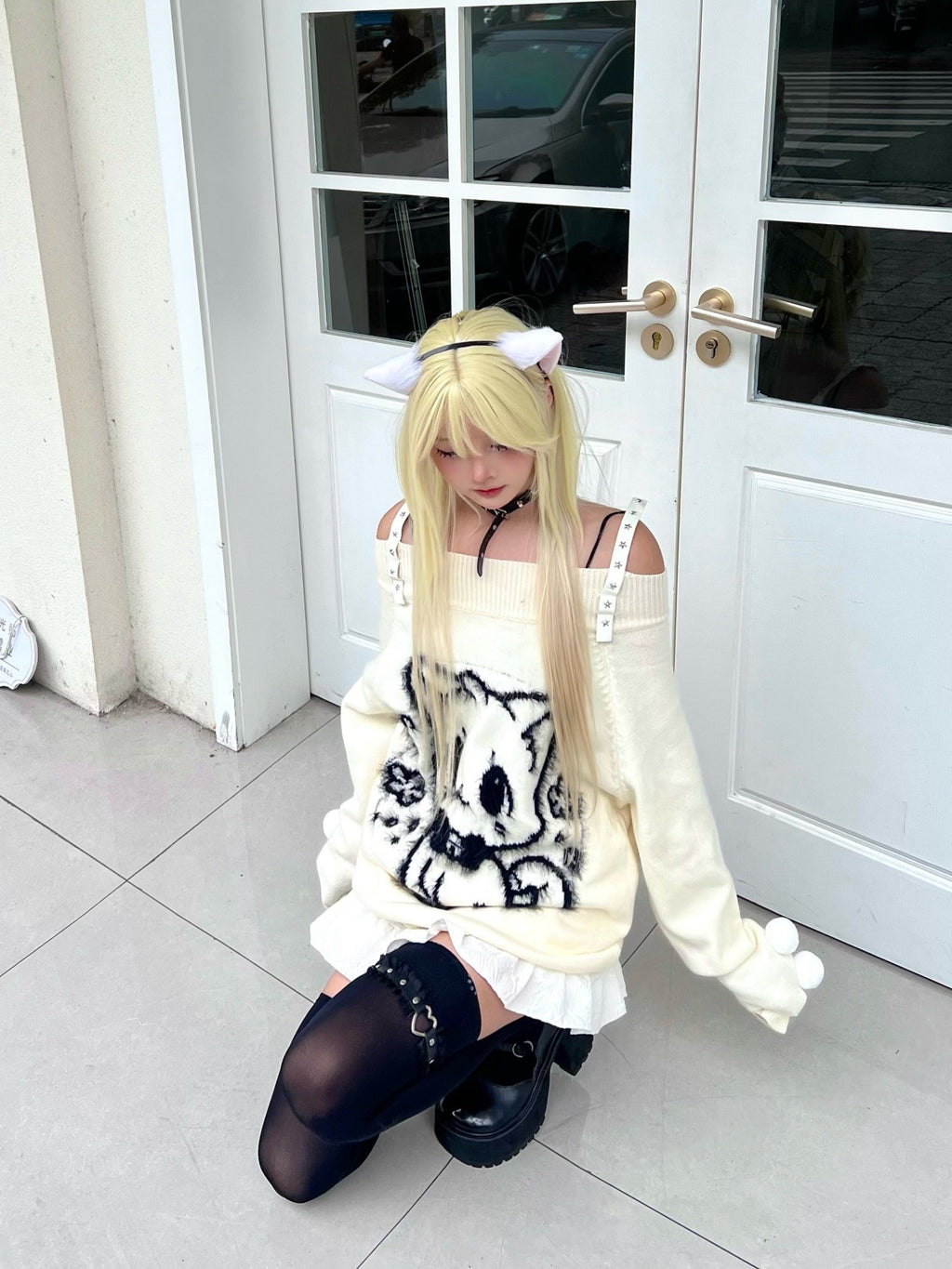 Sub_Era_Cat_Ball_Black_White_Sweet_Loose_Knit_Cotton_Women's_Off-shoulder_Sweaters_843039594721_MISSTT