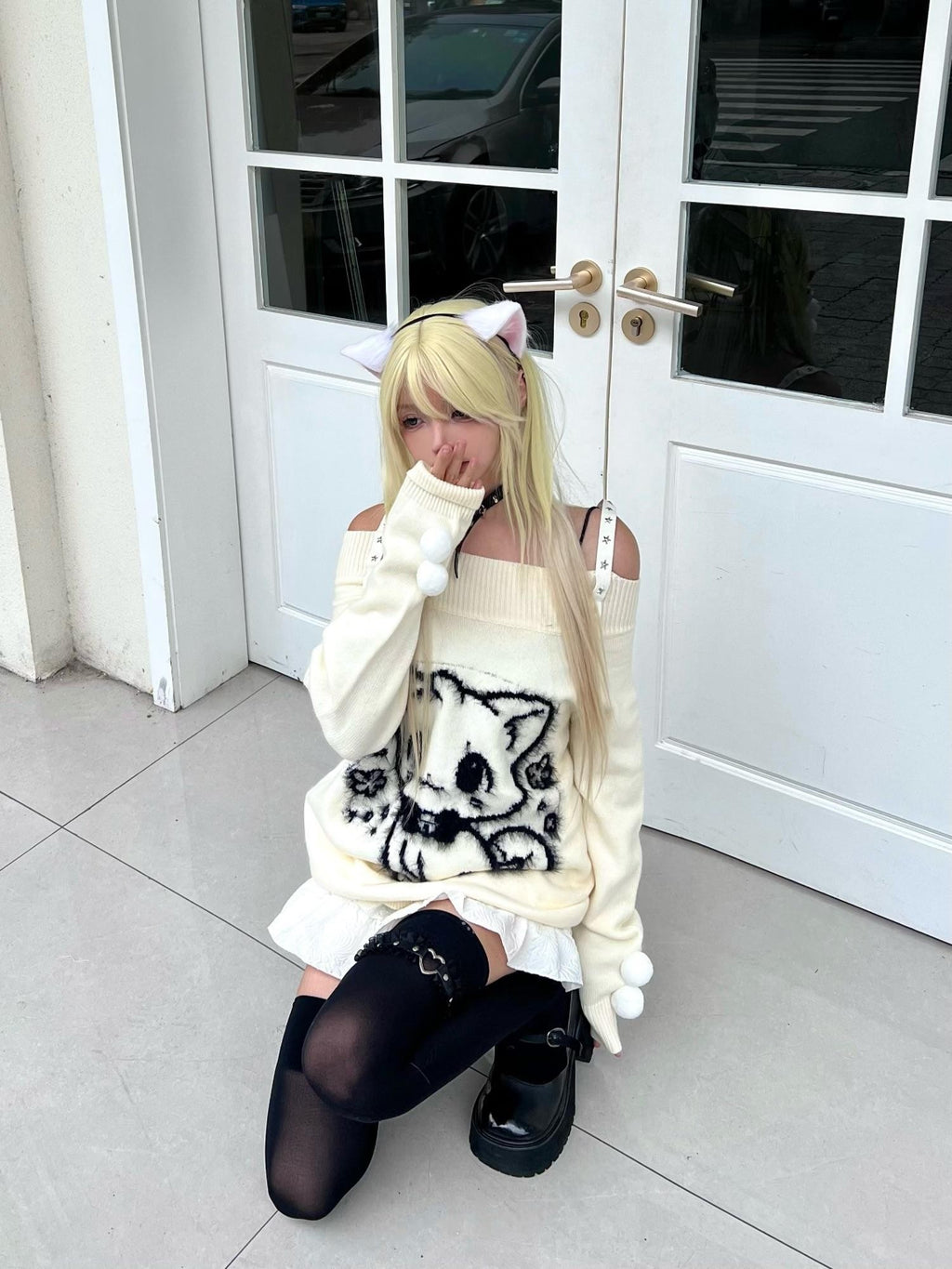 Sub Era Cat Ball Black White Sweet Loose Knit Cotton Women's Off-shoulder Sweaters