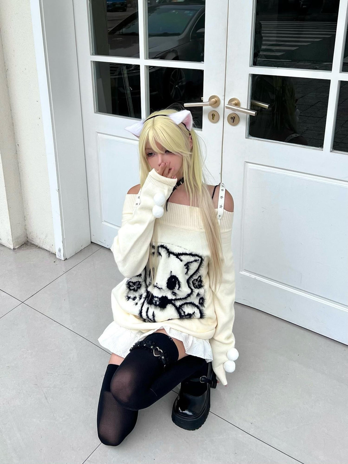 Sub Era Cat Ball Black White Sweet Loose Knit Cotton Women's Off-shoulder Sweaters