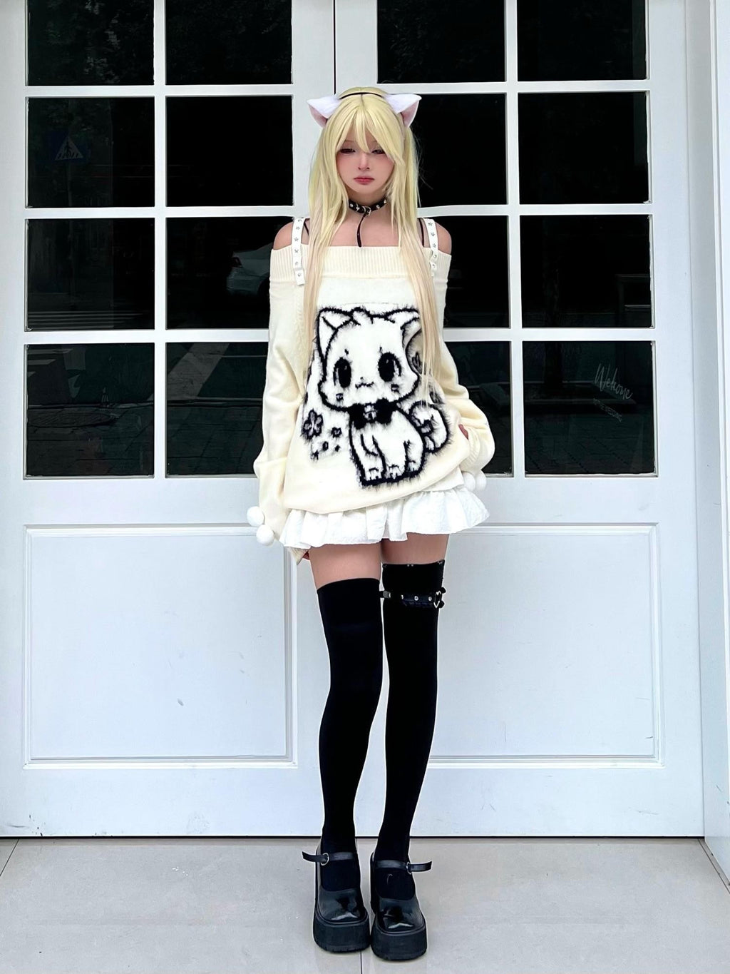 Sub Era Cat Ball Black White Sweet Loose Knit Cotton Women's Off-shoulder Sweaters