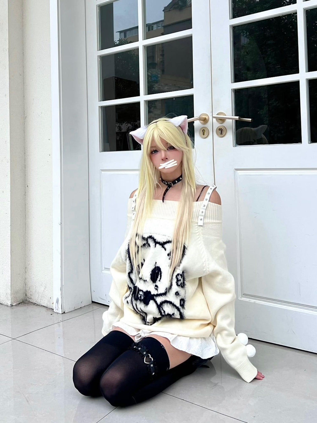 Sub Era Cat Ball Black White Sweet Loose Knit Cotton Women's Off-shoulder Sweaters