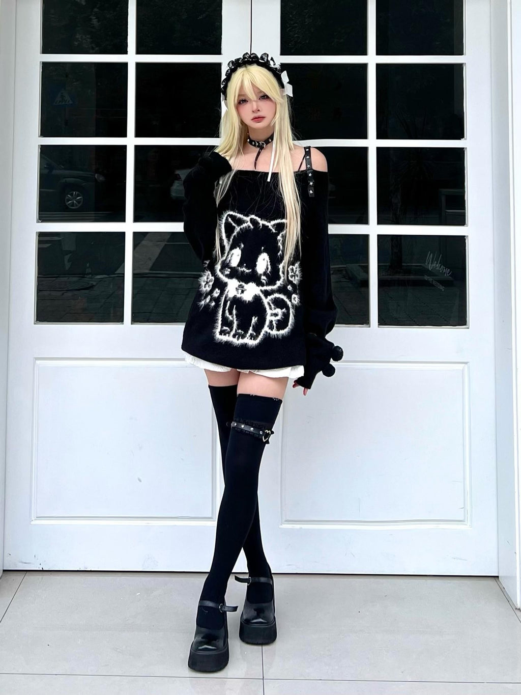 Sub Era Cat Ball Black White Sweet Loose Knit Cotton Women's Off-shoulder Sweaters
