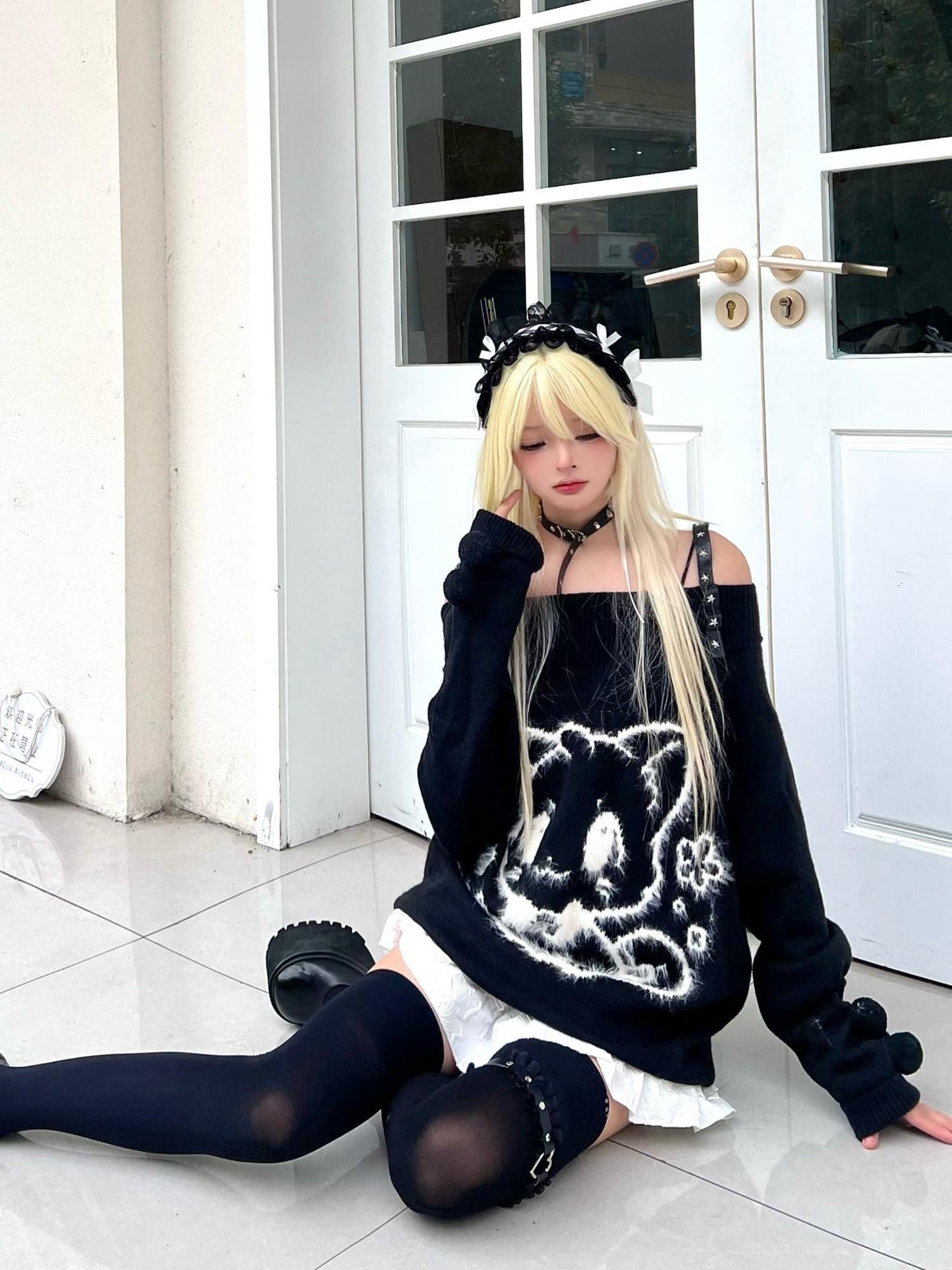 Sub Era Cat Ball Black White Sweet Loose Knit Cotton Women's Off-shoulder Sweaters