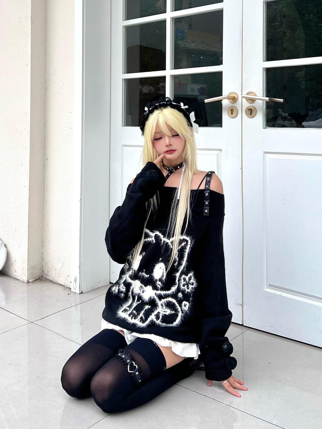 Sub Era Cat Ball Black White Sweet Loose Knit Cotton Women's Off-shoulder Sweaters
