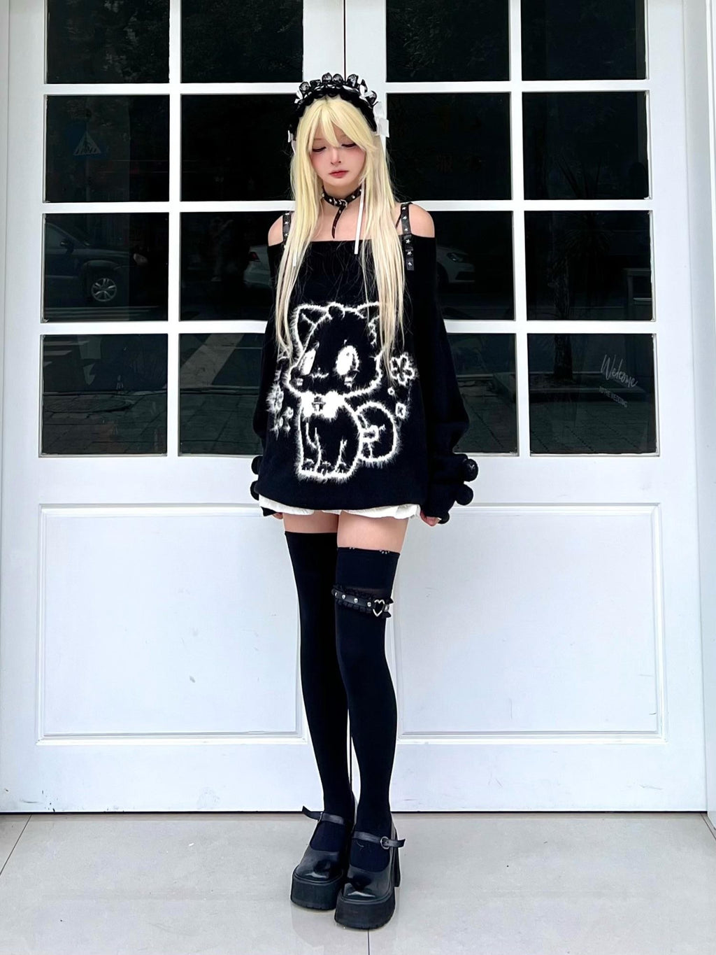 Sub Era Cat Ball Black White Sweet Loose Knit Cotton Women's Off-shoulder Sweaters