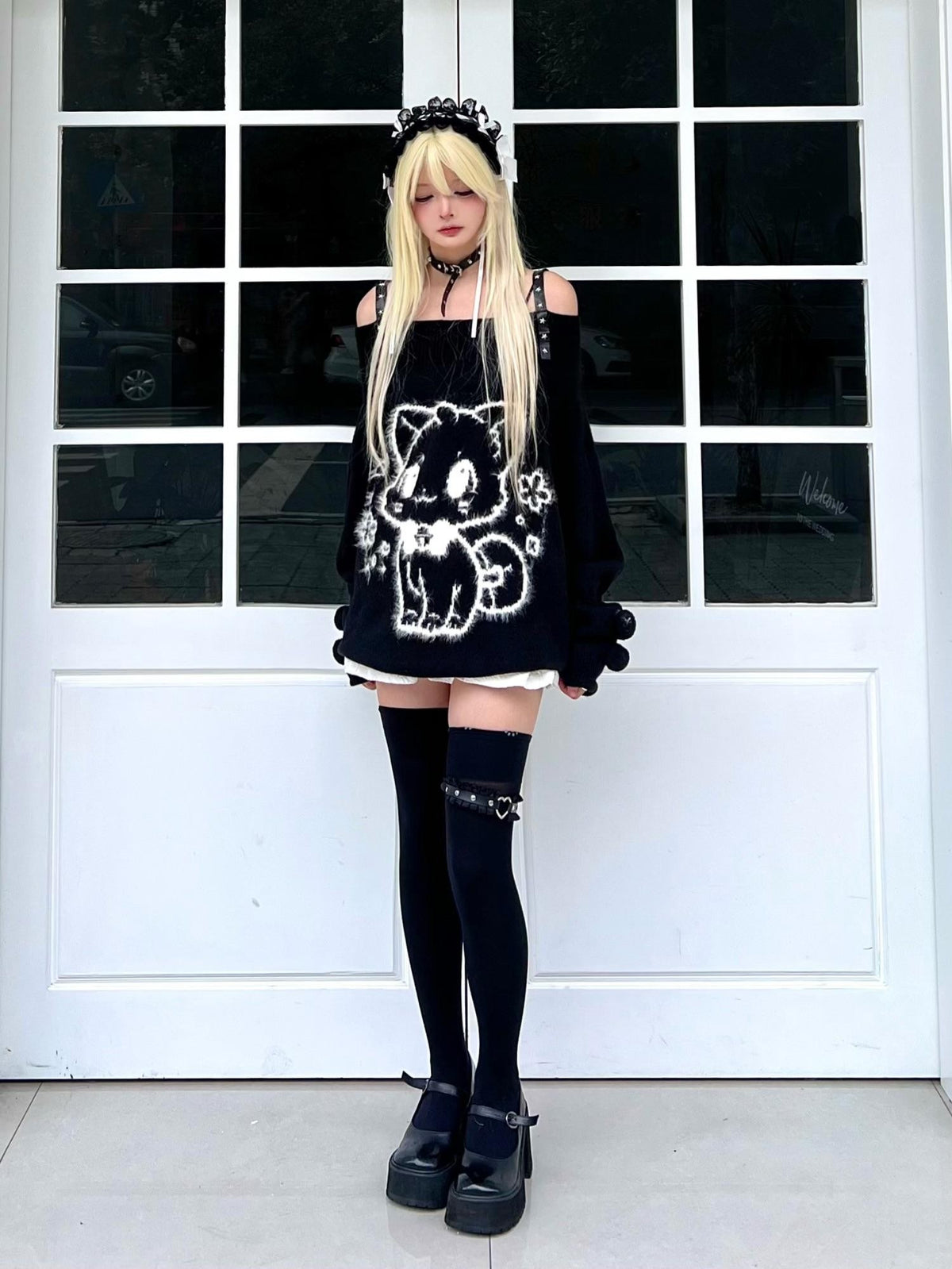 Sub Era Cat Ball Black White Sweet Loose Knit Cotton Women's Off-shoulder Sweaters