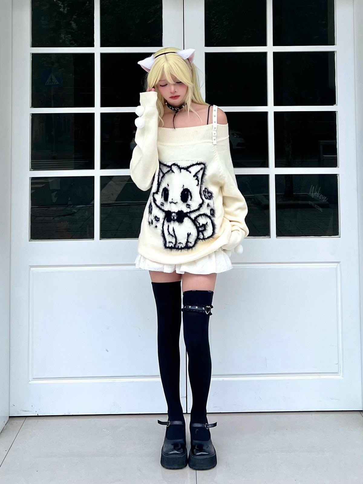 Sub Era Cat Ball Black White Sweet Loose Knit Cotton Women's Off-shoulder Sweaters