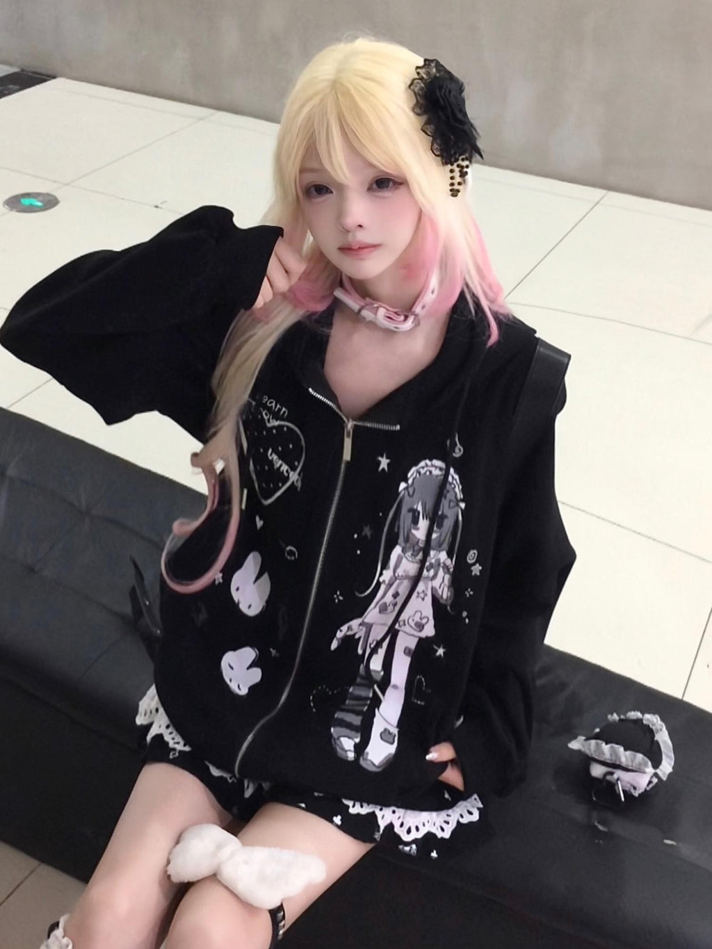 Sub Era Cute Anime Print Patchwork Loose Women's Polyester Zip-up Hoodies