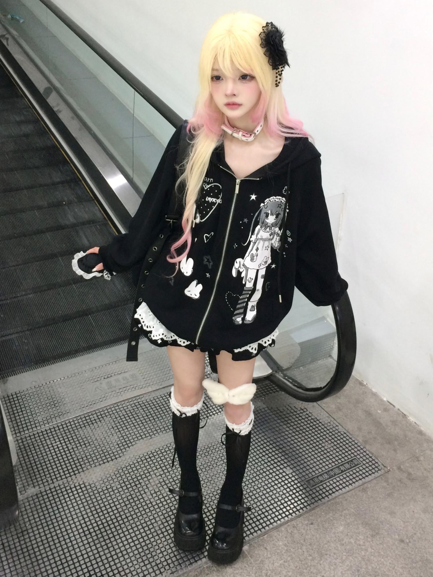 Sub Era Cute Anime Print Patchwork Loose Women's Polyester Zip-up Hoodies