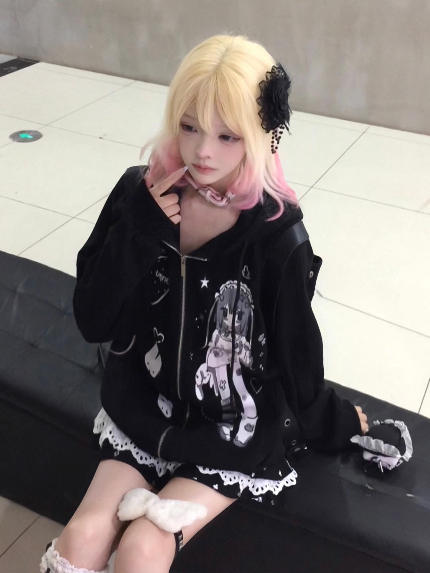 Sub Era Cute Anime Print Patchwork Loose Women's Polyester Zip-up Hoodies