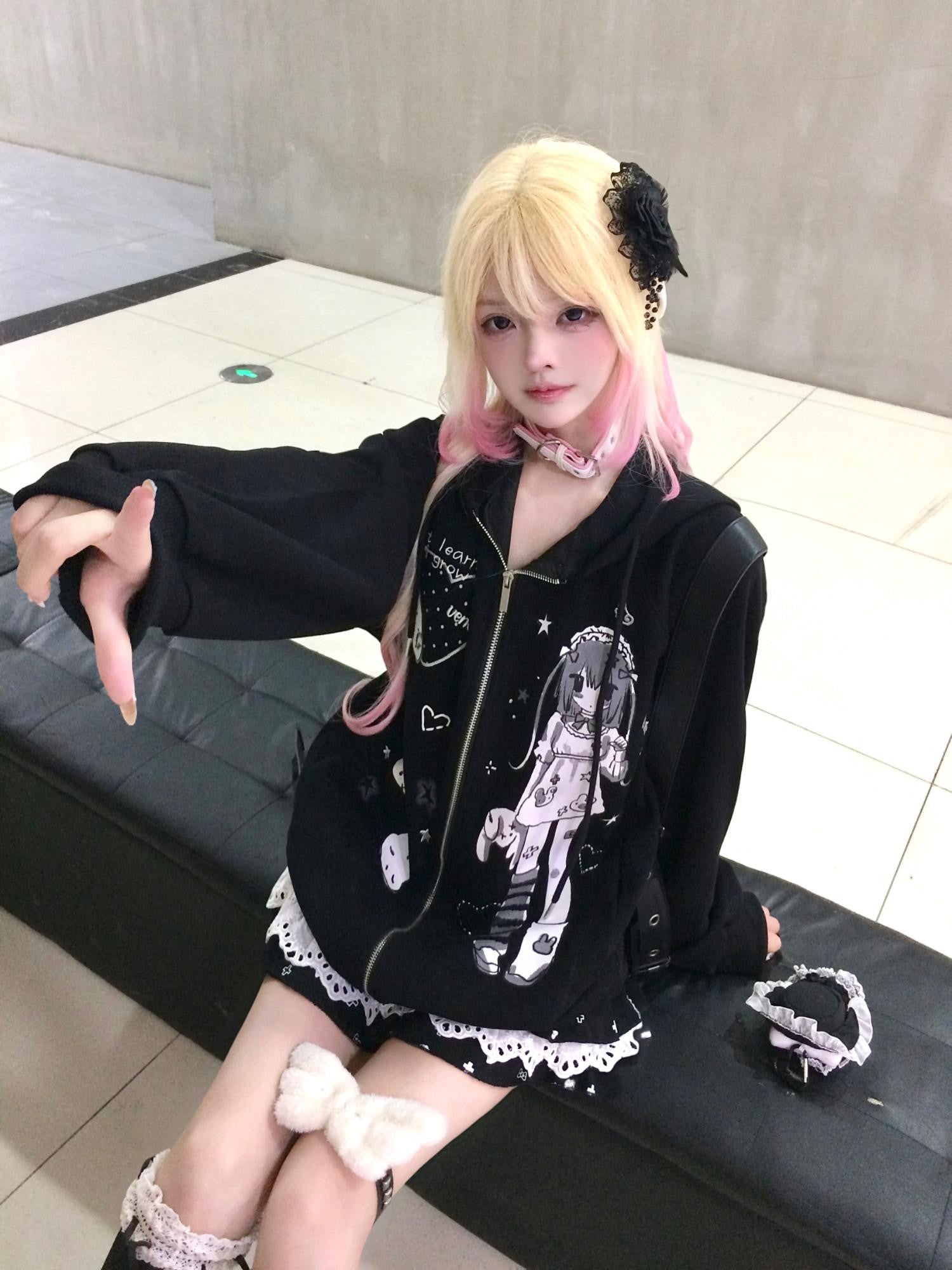 Sub Era Cute Anime Print Patchwork Loose Women's Polyester Zip-up Hoodies