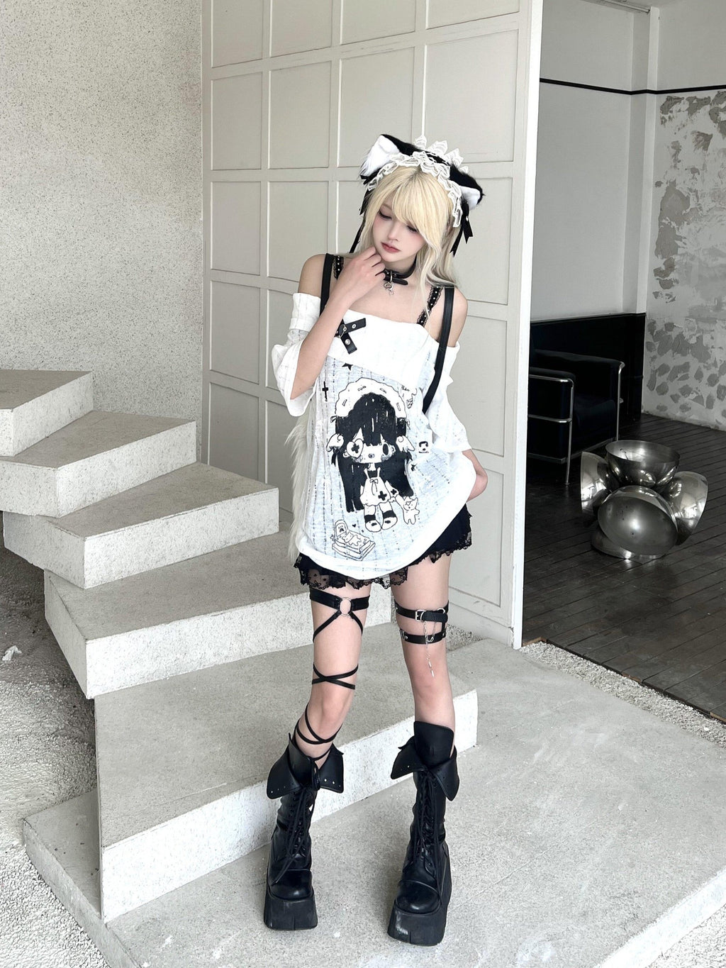Sub Era Cute Anime Print Straight Neck Loose Women's Polyester Off-shoulder T-shirts