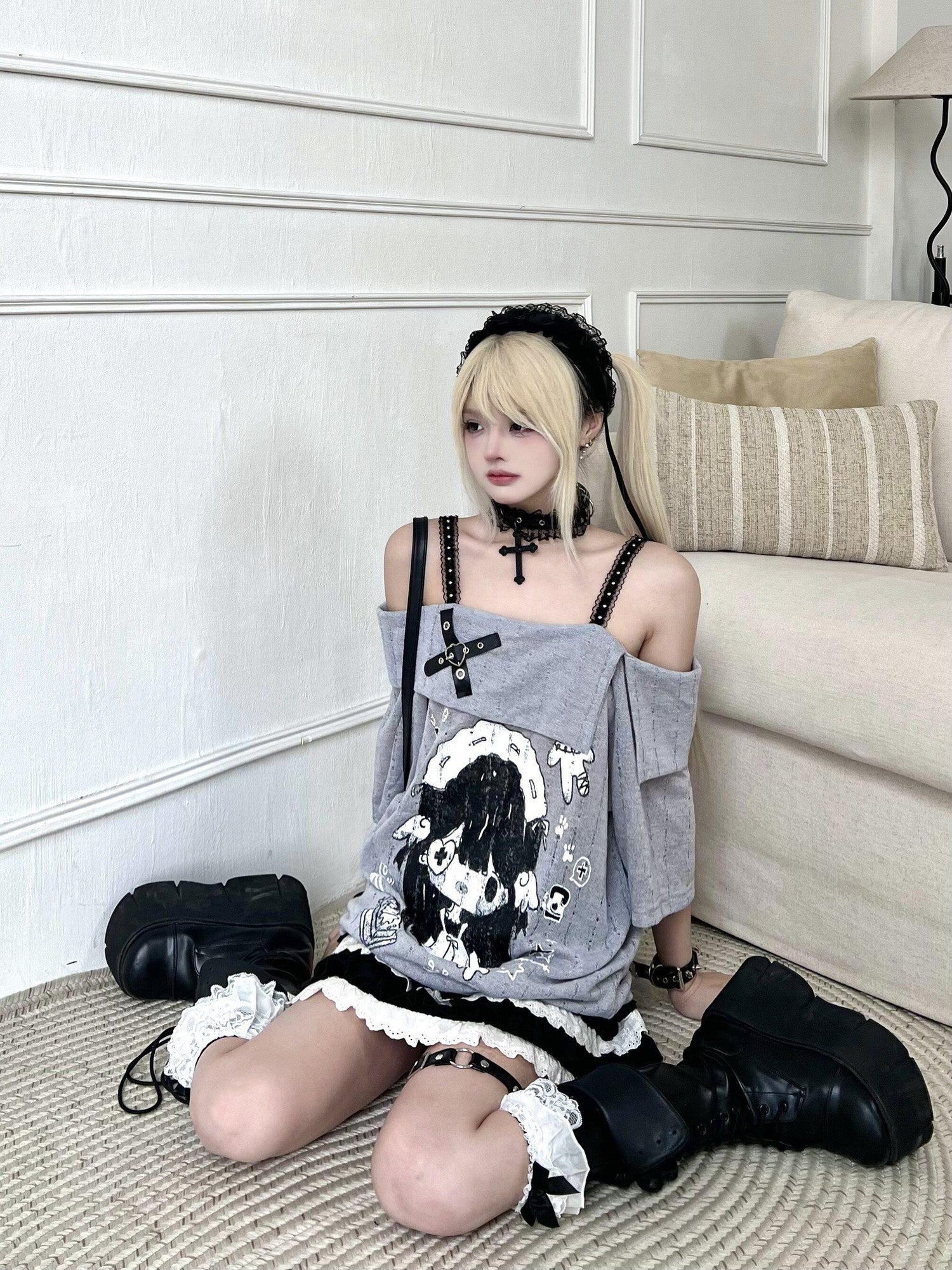 Sub Era Cute Anime Print Straight Neck Loose Women's Polyester Off-shoulder T-shirts