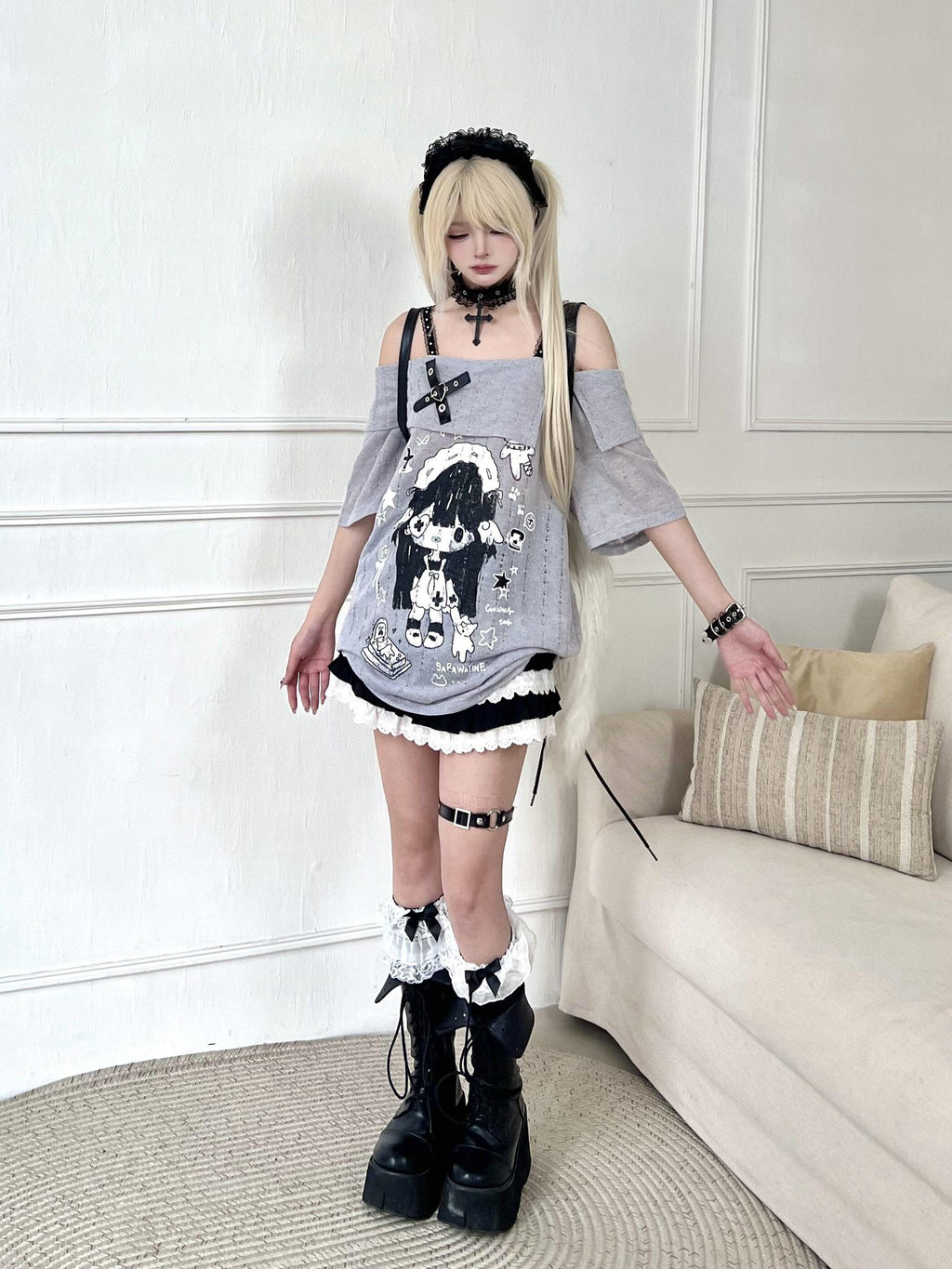 Sub Era Cute Anime Print Straight Neck Loose Women's Polyester Off-shoulder T-shirts