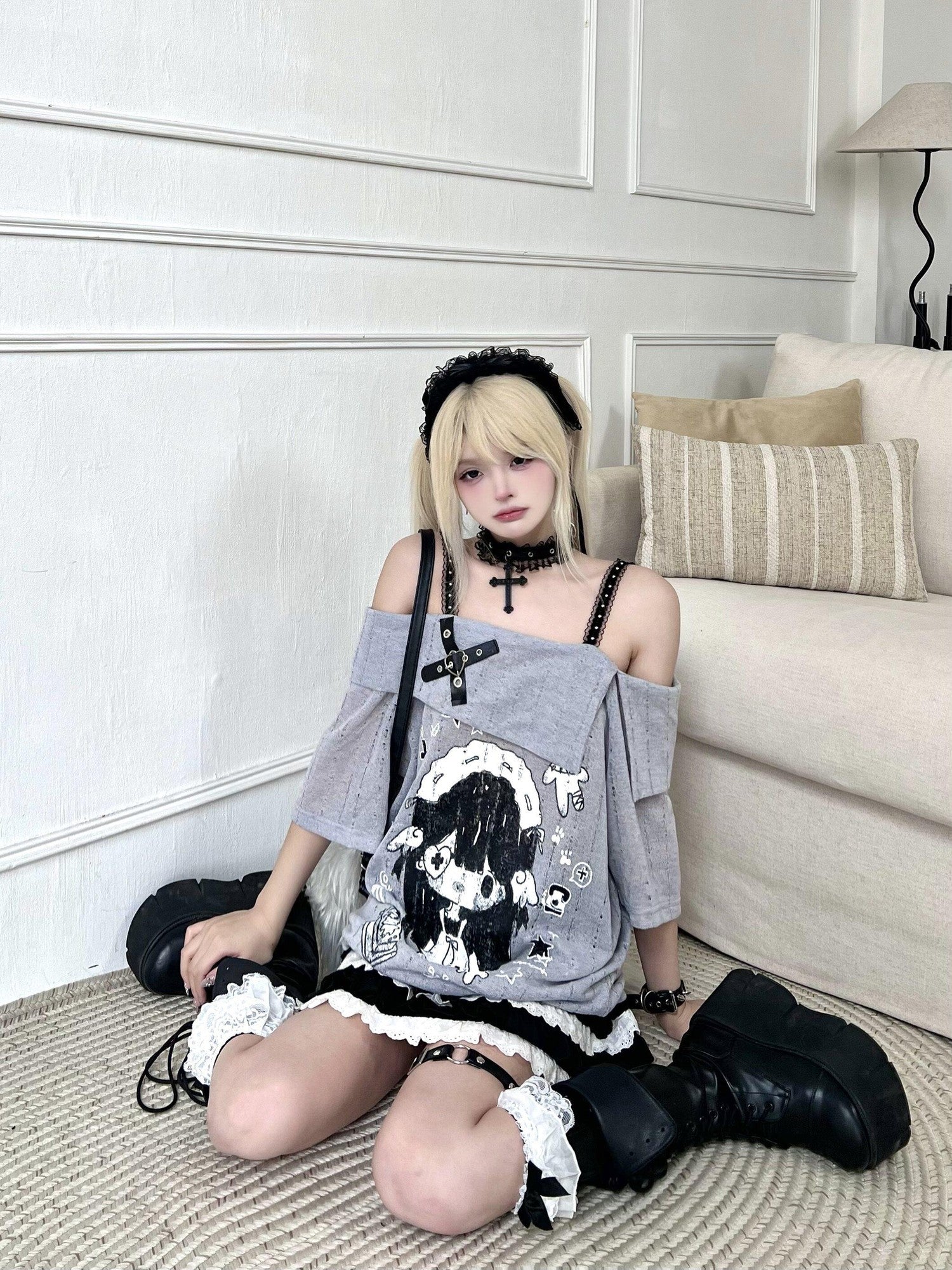 Sub Era Cute Anime Print Straight Neck Loose Women's Polyester Off-shoulder T-shirts