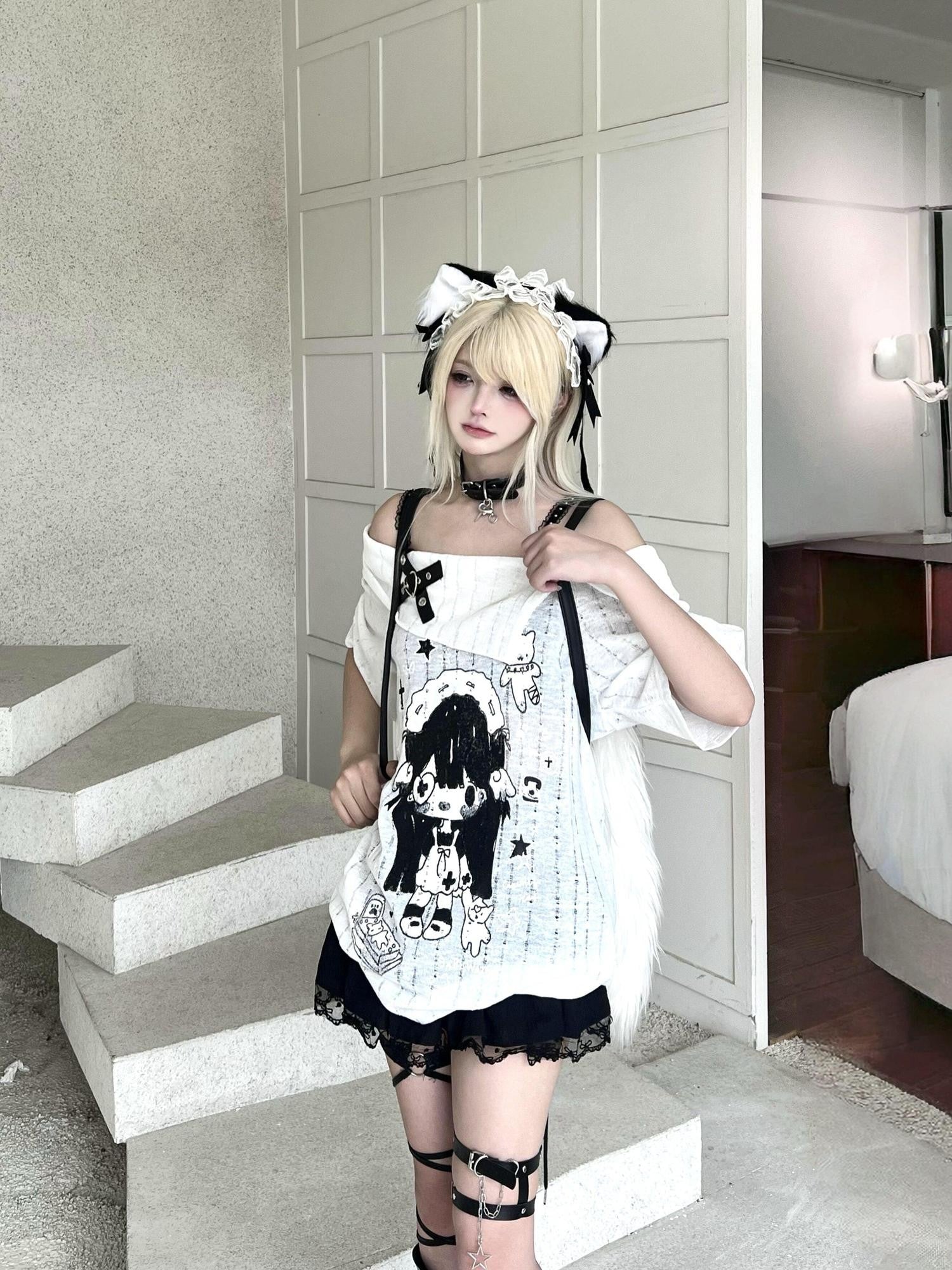 Sub Era Cute Anime Print Straight Neck Loose Women's Polyester Off-shoulder T-shirts