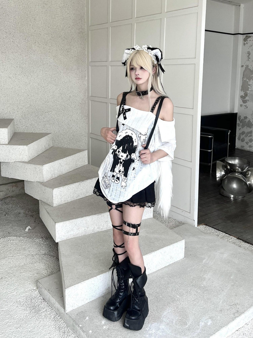 Sub Era Cute Anime Print Straight Neck Loose Women's Polyester Off-shoulder T-shirts