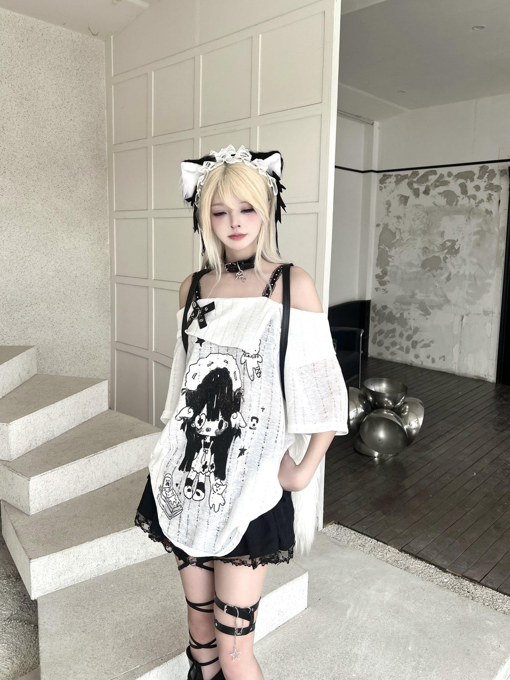 Sub Era Cute Anime Print Straight Neck Loose Women's Polyester Off-shoulder T-shirts