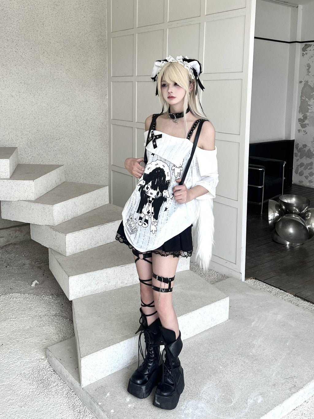 Sub Era Cute Anime Print Straight Neck Loose Women's Polyester Off-shoulder T-shirts