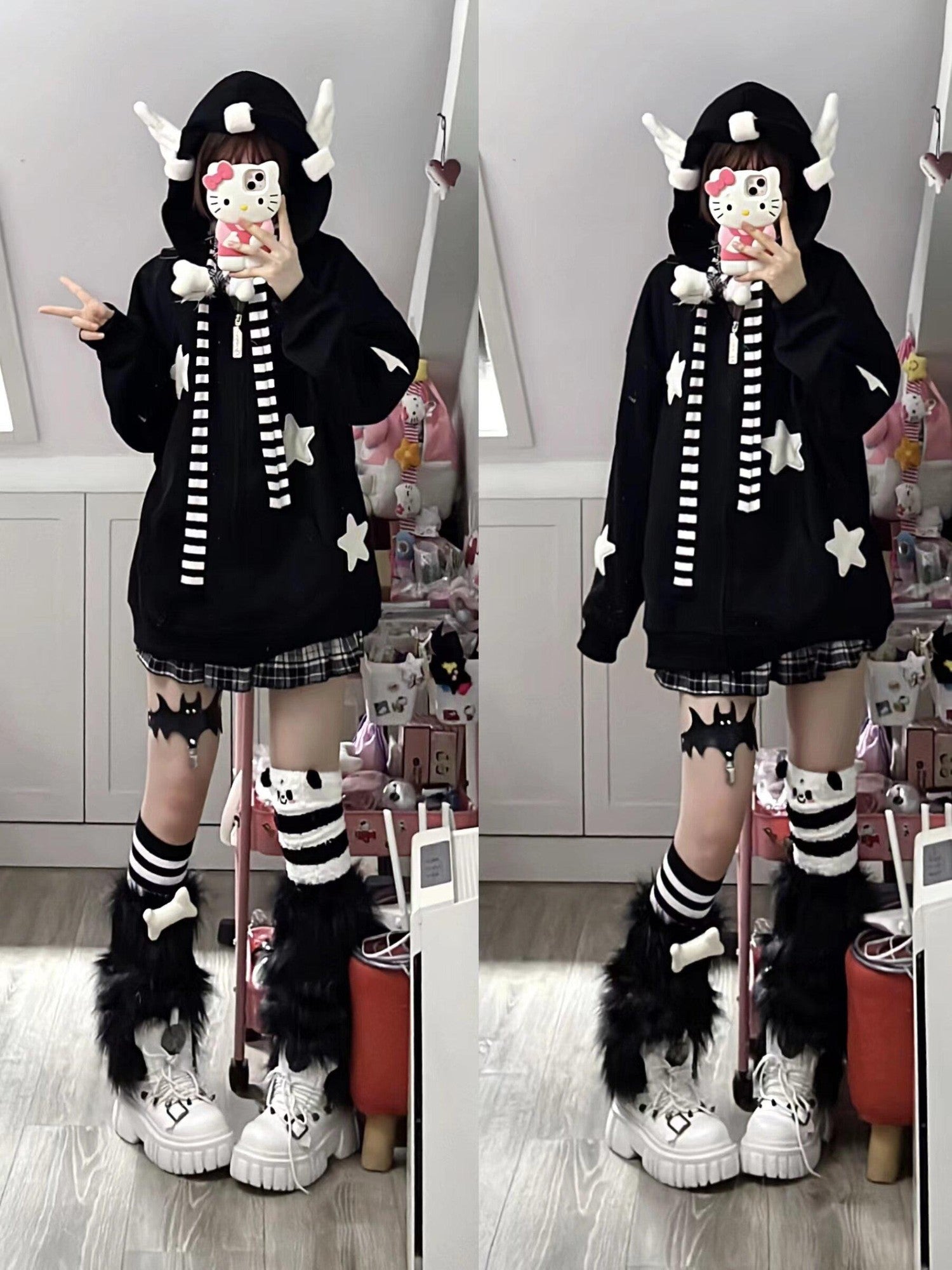 Sub Era Cute Anime Star Wing Cartoon Print Loose Hooded Women's Fleece Hoodies