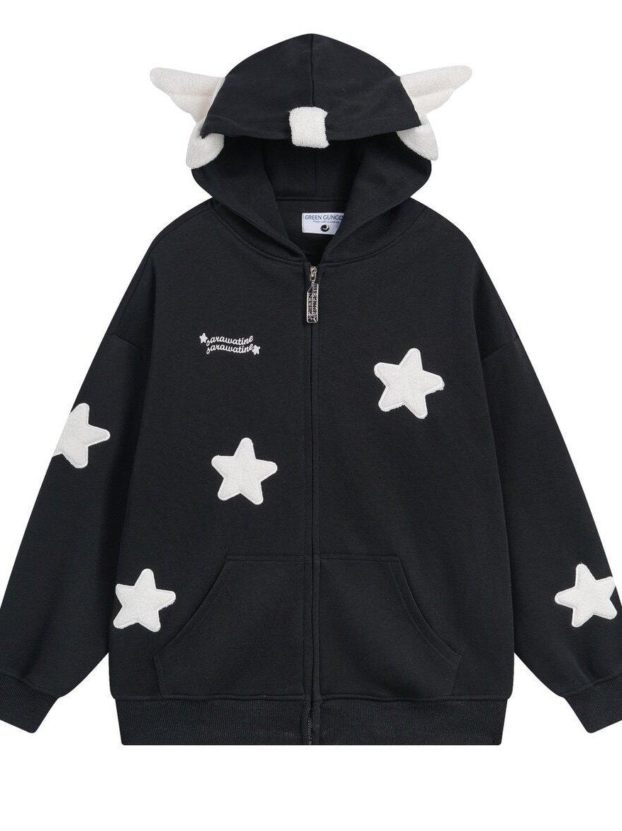 Sub Era Cute Anime Star Wing Cartoon Print Loose Hooded Women's Fleece Hoodies
