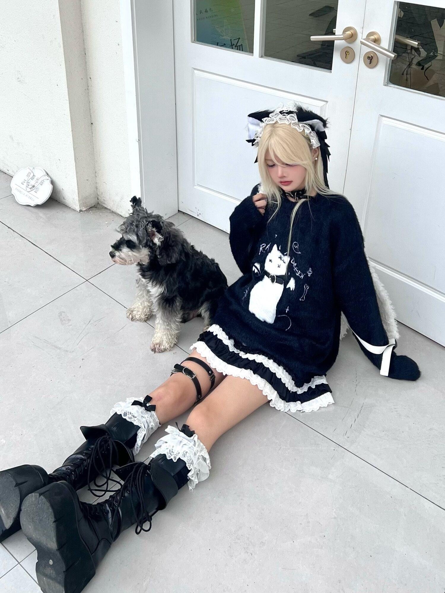 Sub Era Cute Cat Subculture Crewneck Loose Long Sleeve Slimming Women's Nylon Sweaters