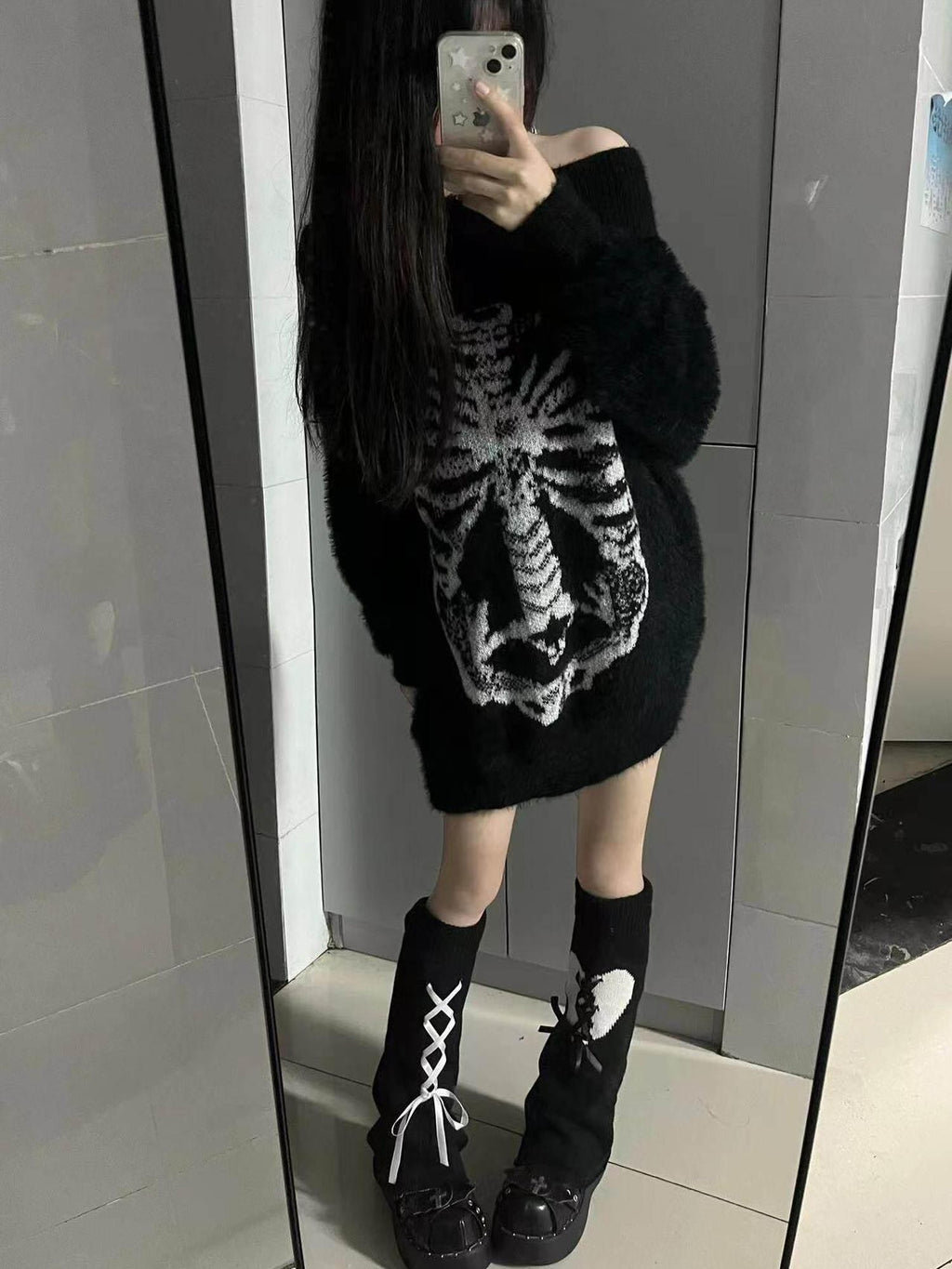 Sub Era Dark Gothic Anime Print Women's Acrylic Knit Off-shoulder Sweaters