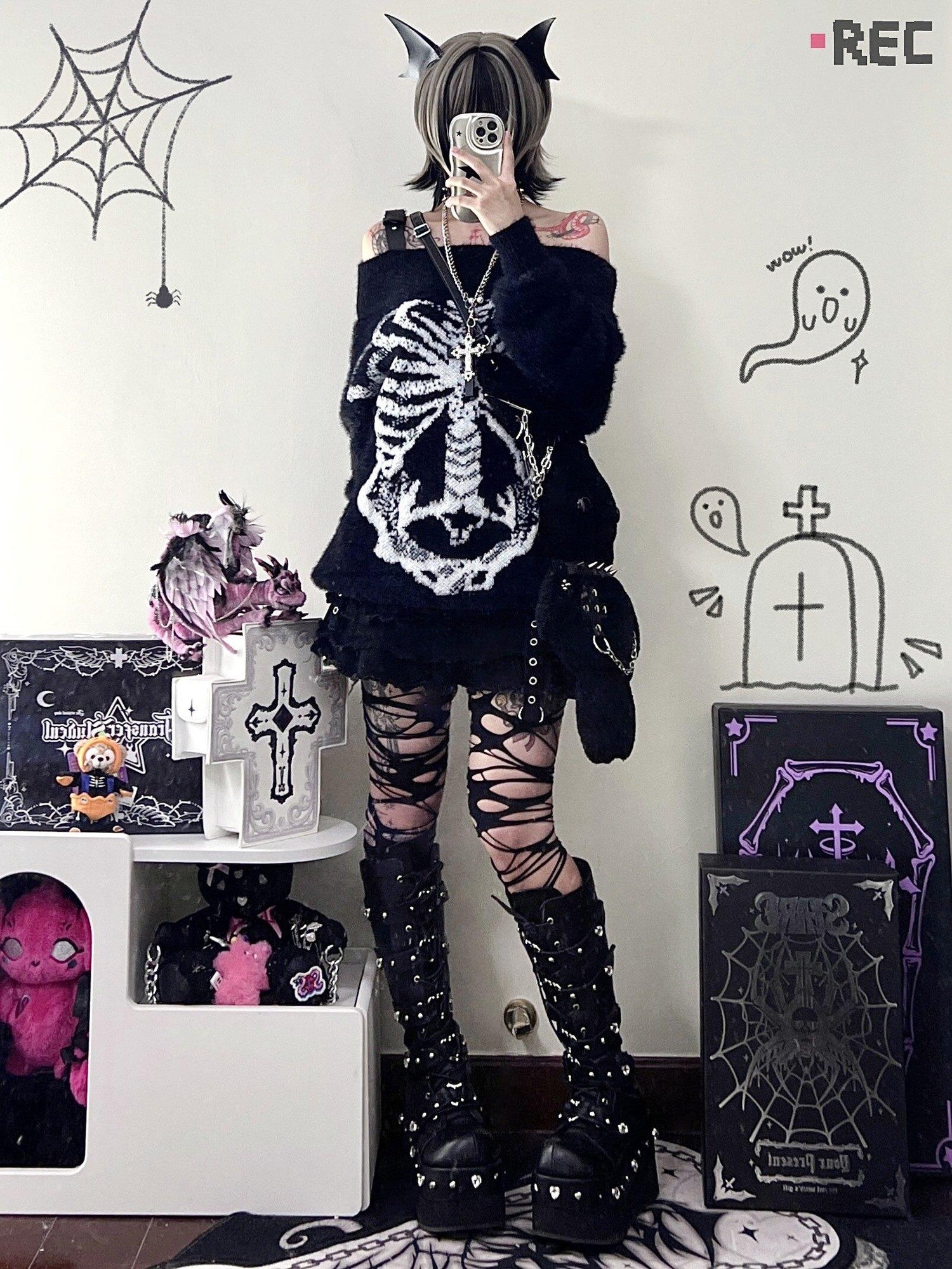 Sub Era Dark Gothic Anime Print Women's Acrylic Knit Off-shoulder Sweaters
