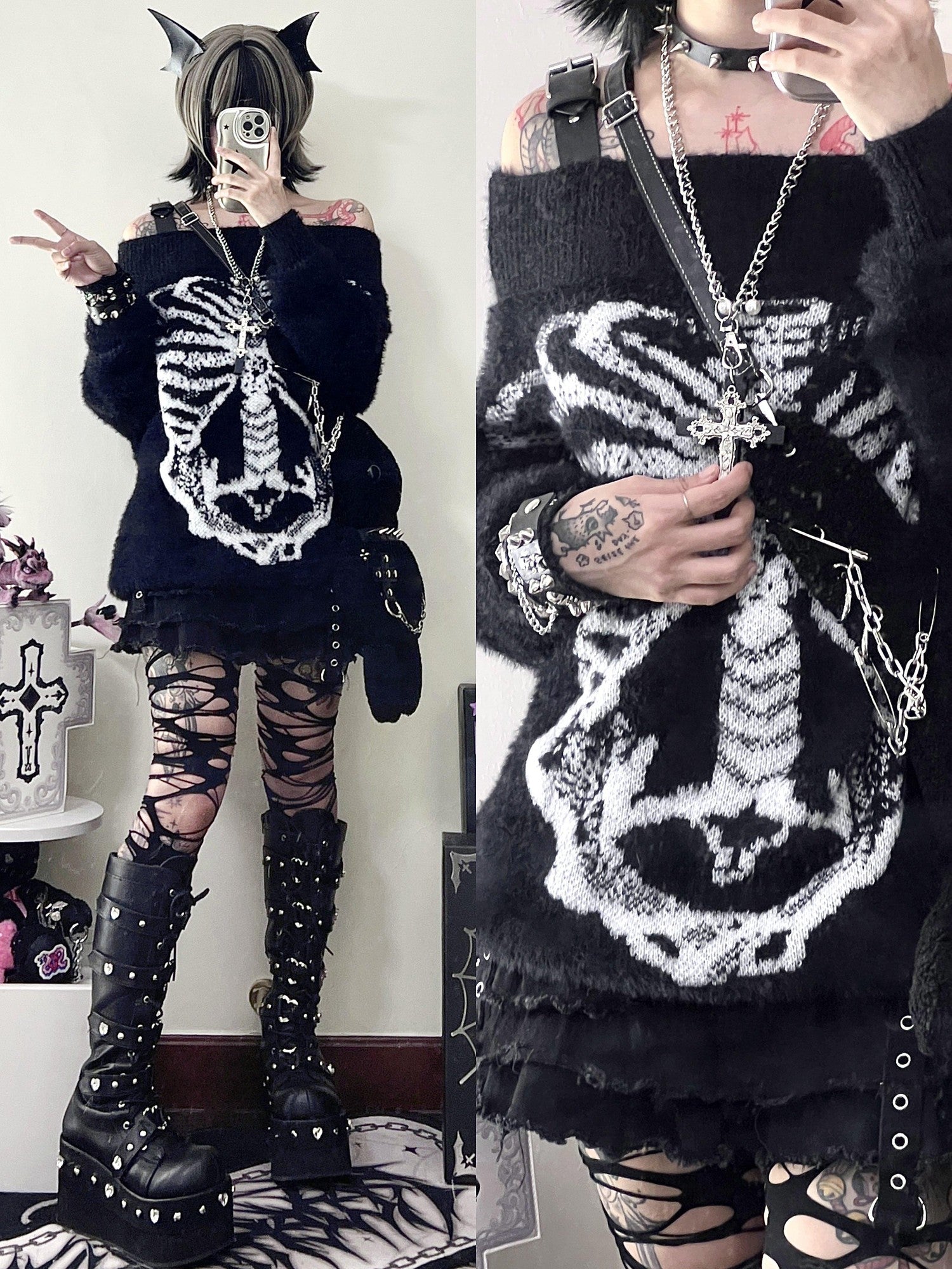 Sub Era Dark Gothic Anime Print Women's Acrylic Knit Off-shoulder Sweaters