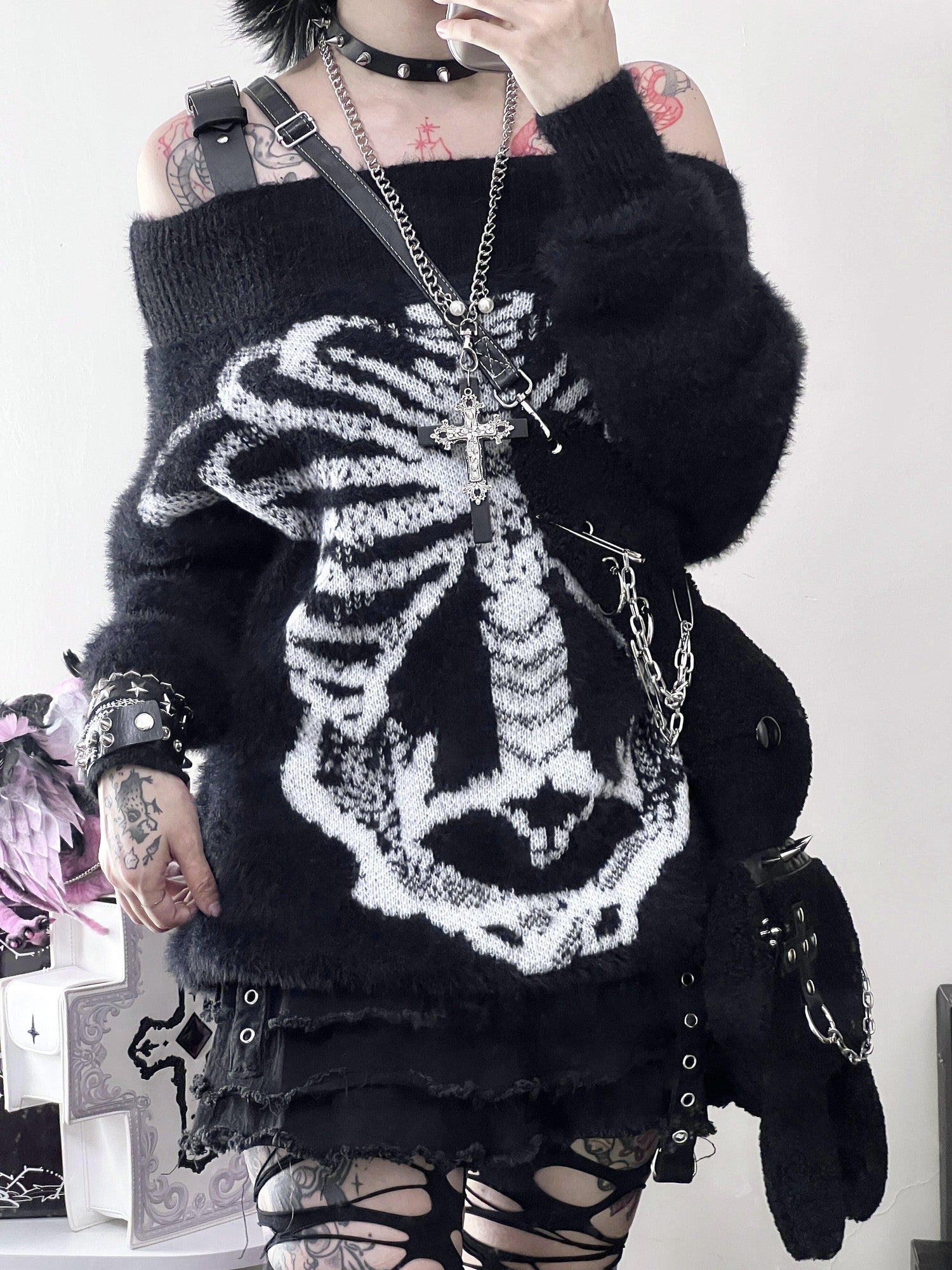 Sub Era Dark Gothic Anime Print Women's Acrylic Knit Off-shoulder Sweaters