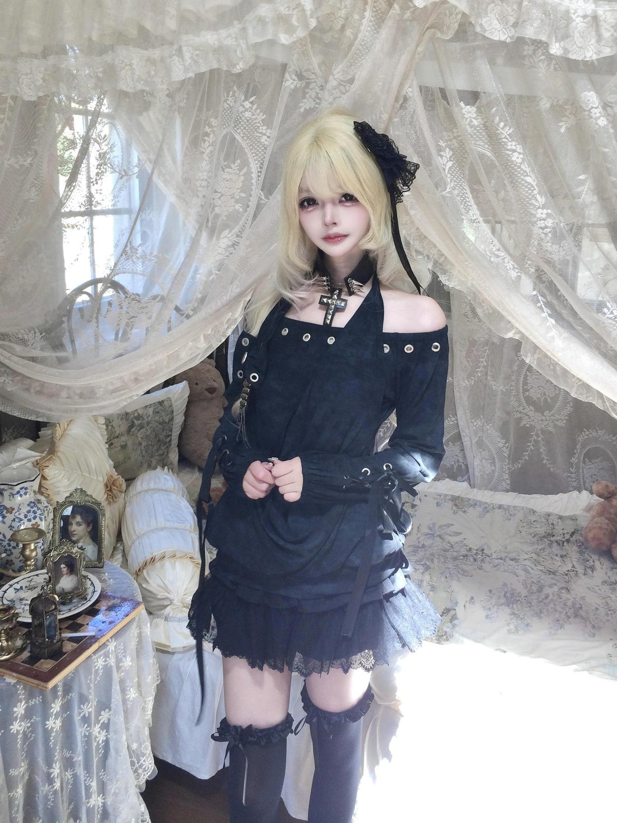 Sub Era Dark Gothic Halter Off Shoulder Studded Slim Fit Women's Polyester Long Sleeve T-shirts