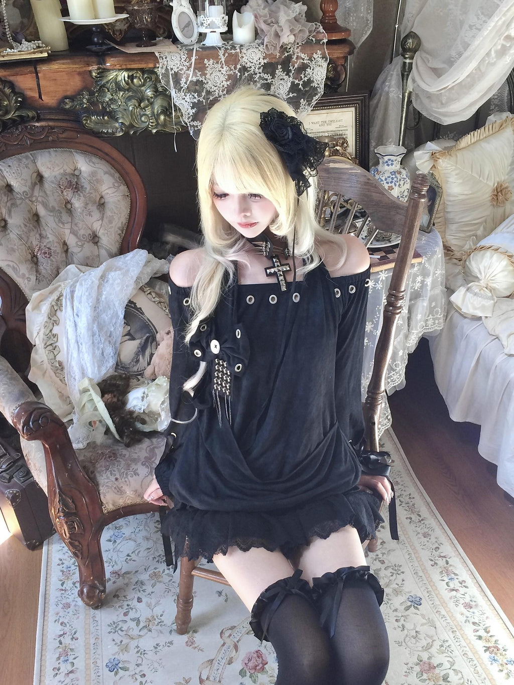 Sub Era Dark Gothic Halter Off Shoulder Studded Slim Fit Women's Polyester Long Sleeve T-shirts