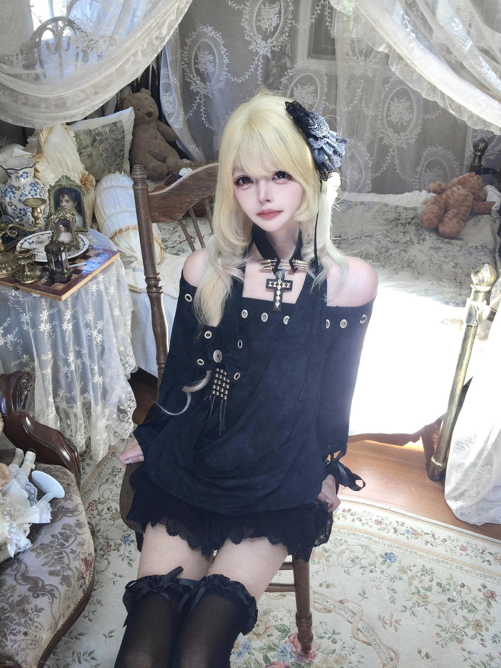 Sub Era Dark Gothic Halter Off Shoulder Studded Slim Fit Women's Polyester Long Sleeve T-shirts